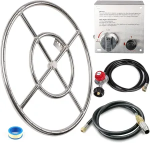 GRISUN Fire Pit Burner Ring Kit 24 Inch, Propane Firepit Kit, Come with Propane Fire Pit Hose Kit and Upgraded Gas Control Spark Ignition Kit, DIY Round Gas Fire Pit Kit, Stainless Steel
