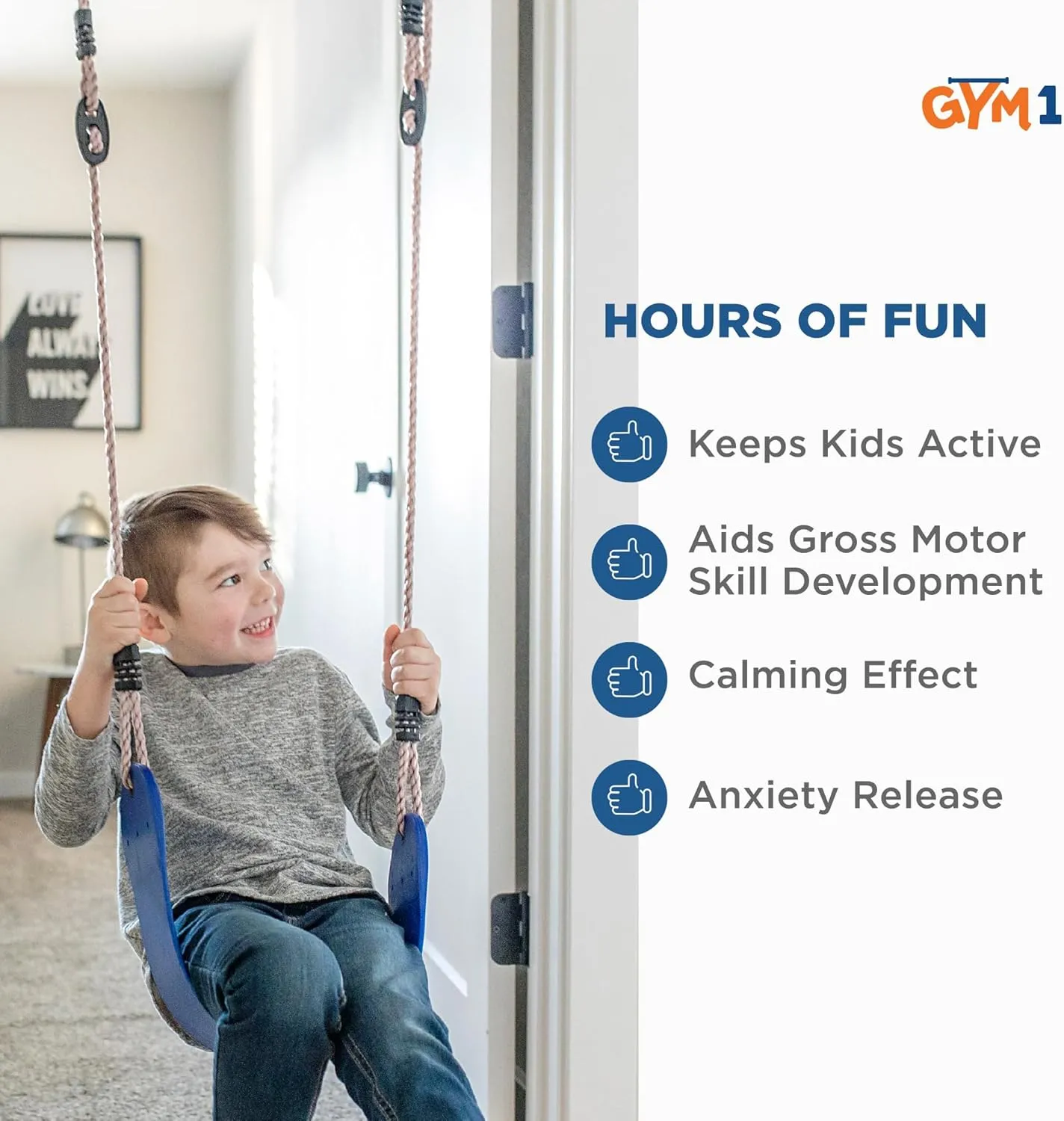 Gym1 2-Piece Doorway Gym for Kids, Includes Door Sensory Swing, Indoor Pull-Up Bar for Adults, Rings, Hanging Trapeze, Ladder & Knotted Rope, Holds Up to 300 Lbs - Blue