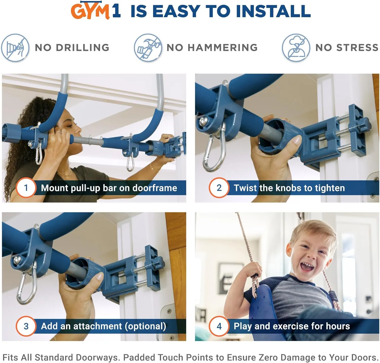 Gym1 2-Piece Doorway Gym for Kids, Includes Door Sensory Swing, Indoor Pull-Up Bar for Adults, Rings, Hanging Trapeze, Ladder & Knotted Rope, Holds Up to 300 Lbs - Blue