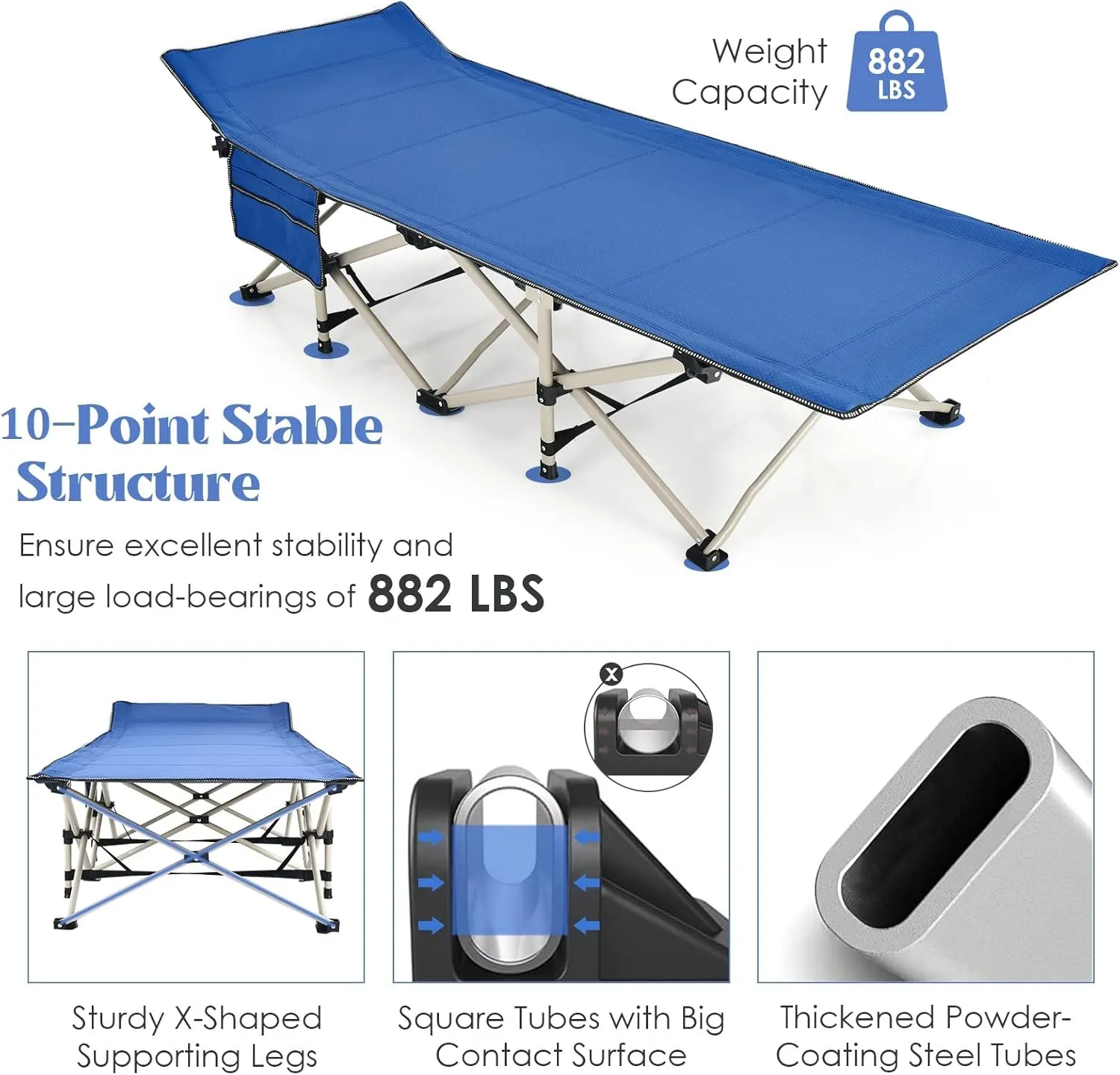 GYMAX Camping Cot, 882 LBS Folding Camping Cot for Adult with Carry Bag & Side Pocket, Heavy Duty Quick Folding Design Camping Bed for Sleeping/Nap, Portable Lightweight Military Cot (1, Blue)
