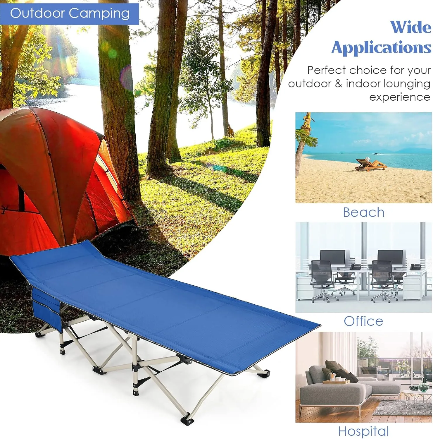 GYMAX Camping Cot, 882 LBS Folding Camping Cot for Adult with Carry Bag & Side Pocket, Heavy Duty Quick Folding Design Camping Bed for Sleeping/Nap, Portable Lightweight Military Cot (1, Blue)