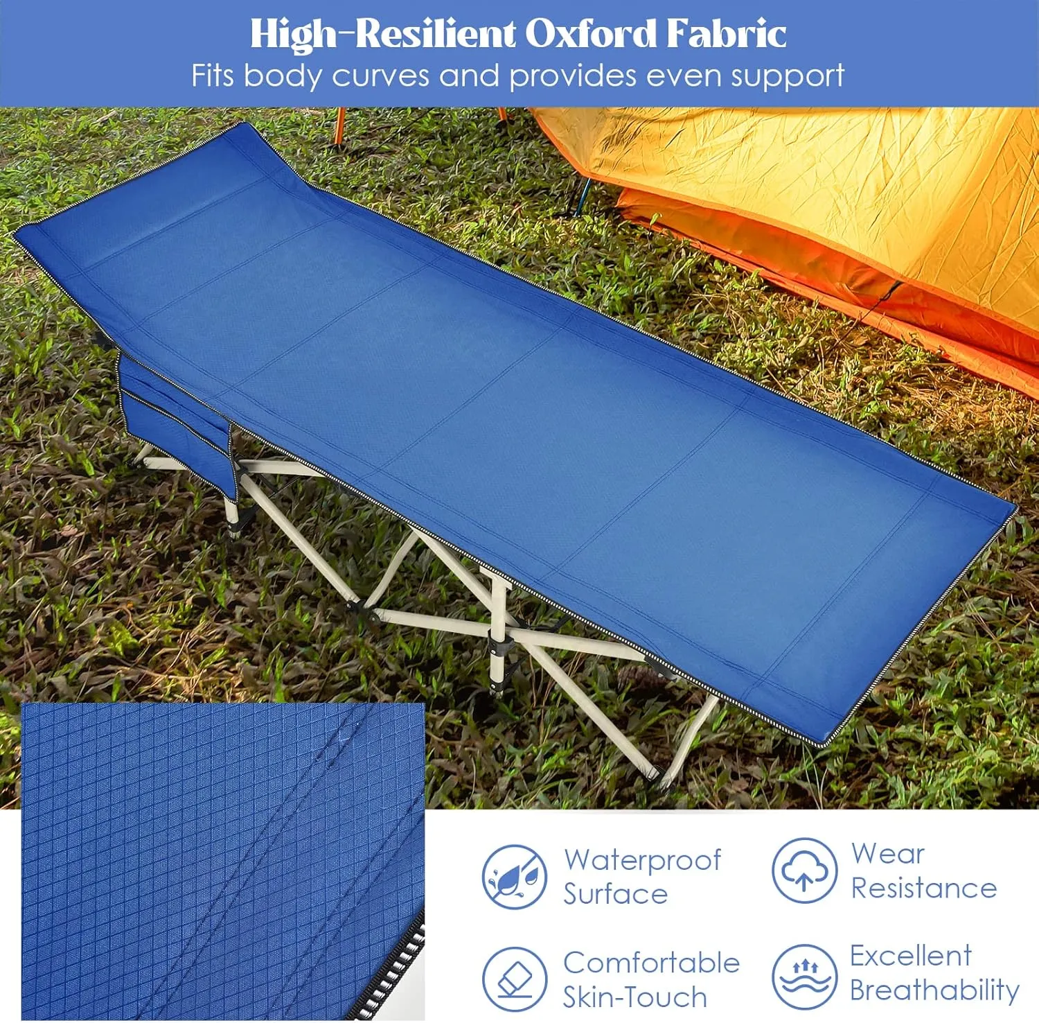 GYMAX Camping Cot, 882 LBS Folding Camping Cot for Adult with Carry Bag & Side Pocket, Heavy Duty Quick Folding Design Camping Bed for Sleeping/Nap, Portable Lightweight Military Cot (1, Blue)