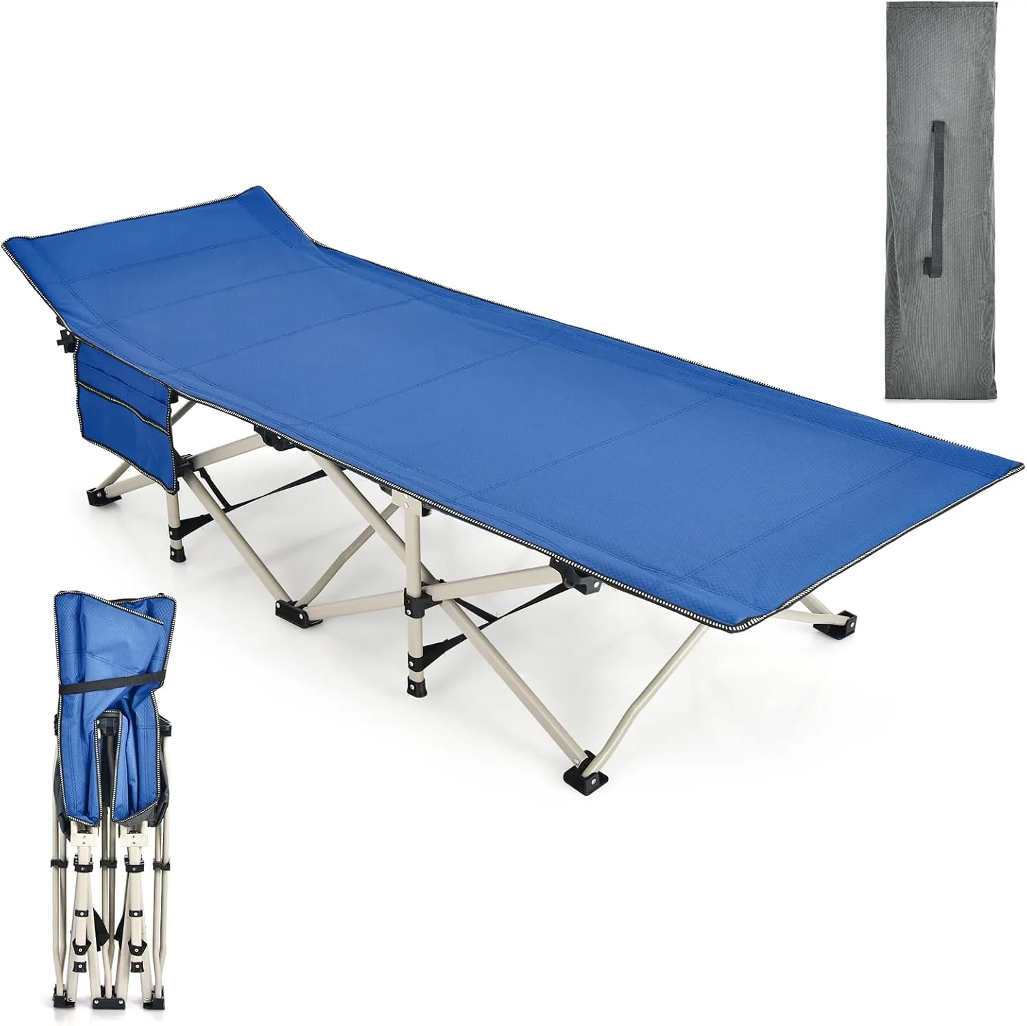 GYMAX Camping Cot, 882 LBS Folding Camping Cot for Adult with Carry Bag & Side Pocket, Heavy Duty Quick Folding Design Camping Bed for Sleeping/Nap, Portable Lightweight Military Cot (1, Blue)