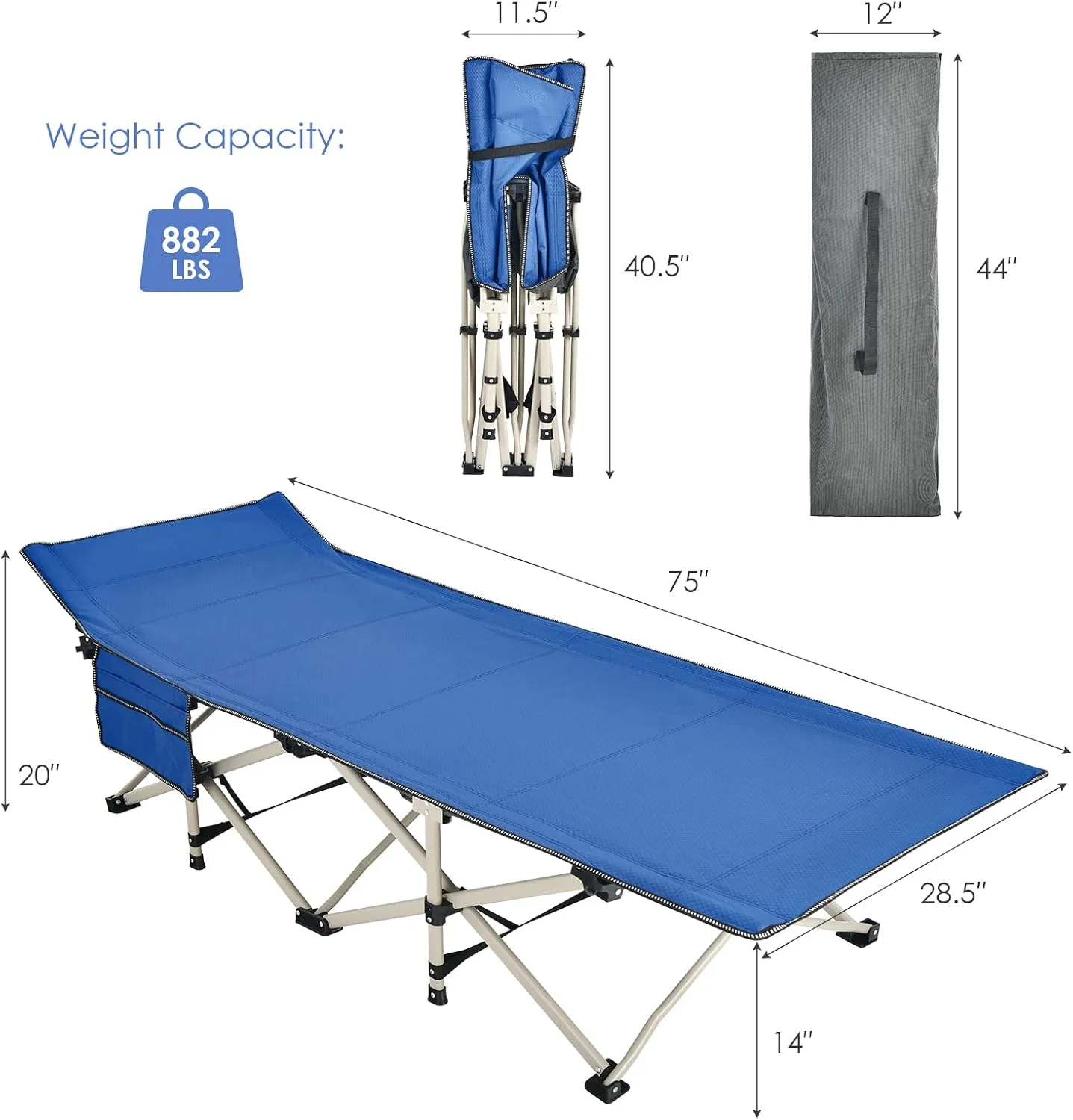 GYMAX Camping Cot, 882 LBS Folding Camping Cot for Adult with Carry Bag & Side Pocket, Heavy Duty Quick Folding Design Camping Bed for Sleeping/Nap, Portable Lightweight Military Cot (1, Blue)