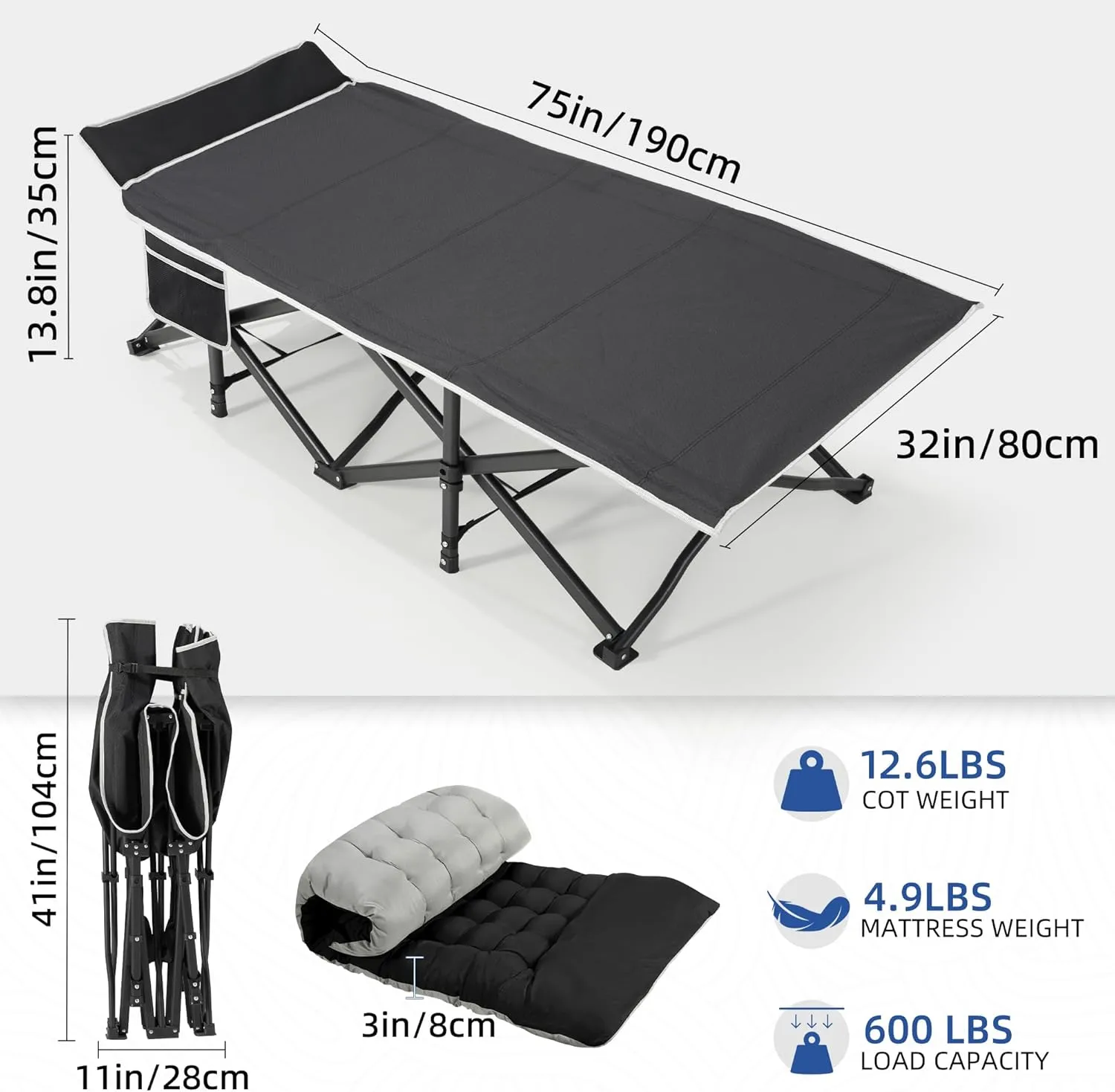 HABUTWAY Camping Cot with Mattress, 32" Extra Wide Camping Cots for Adults, Sleeping Cot for Adults Holds Up to 600LBS, Cots for Sleeping, Camp, Rv, Beach, Patio, Office Naps(Black)