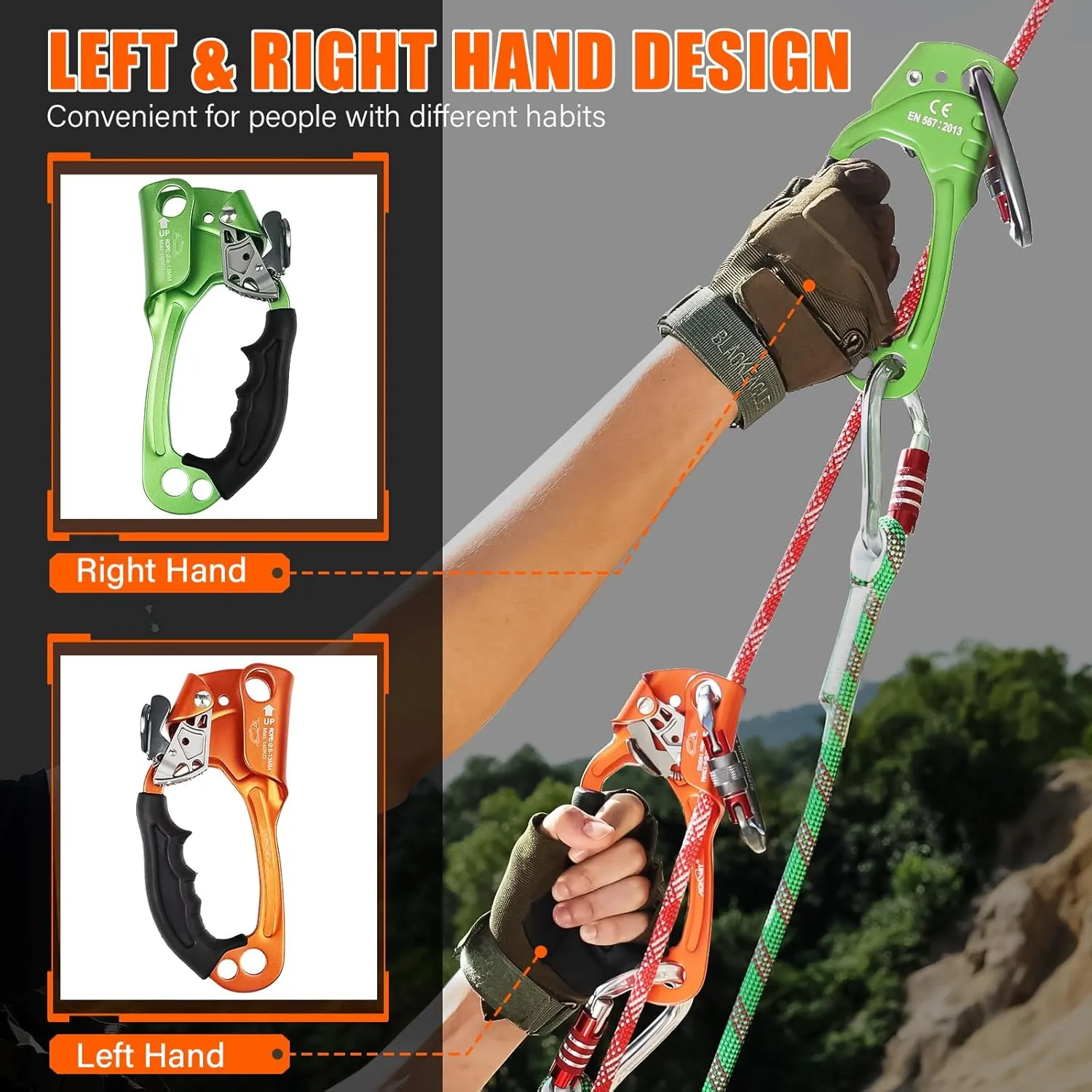 Hand Ascender High strength aluminum Alloy Climbing Ascender with Ergonomic Rubber Handle Strong Rappelling Gear Equipment for Rock Climbing Tree Arborist Rescue Mountaineering Caving Left Right Hand