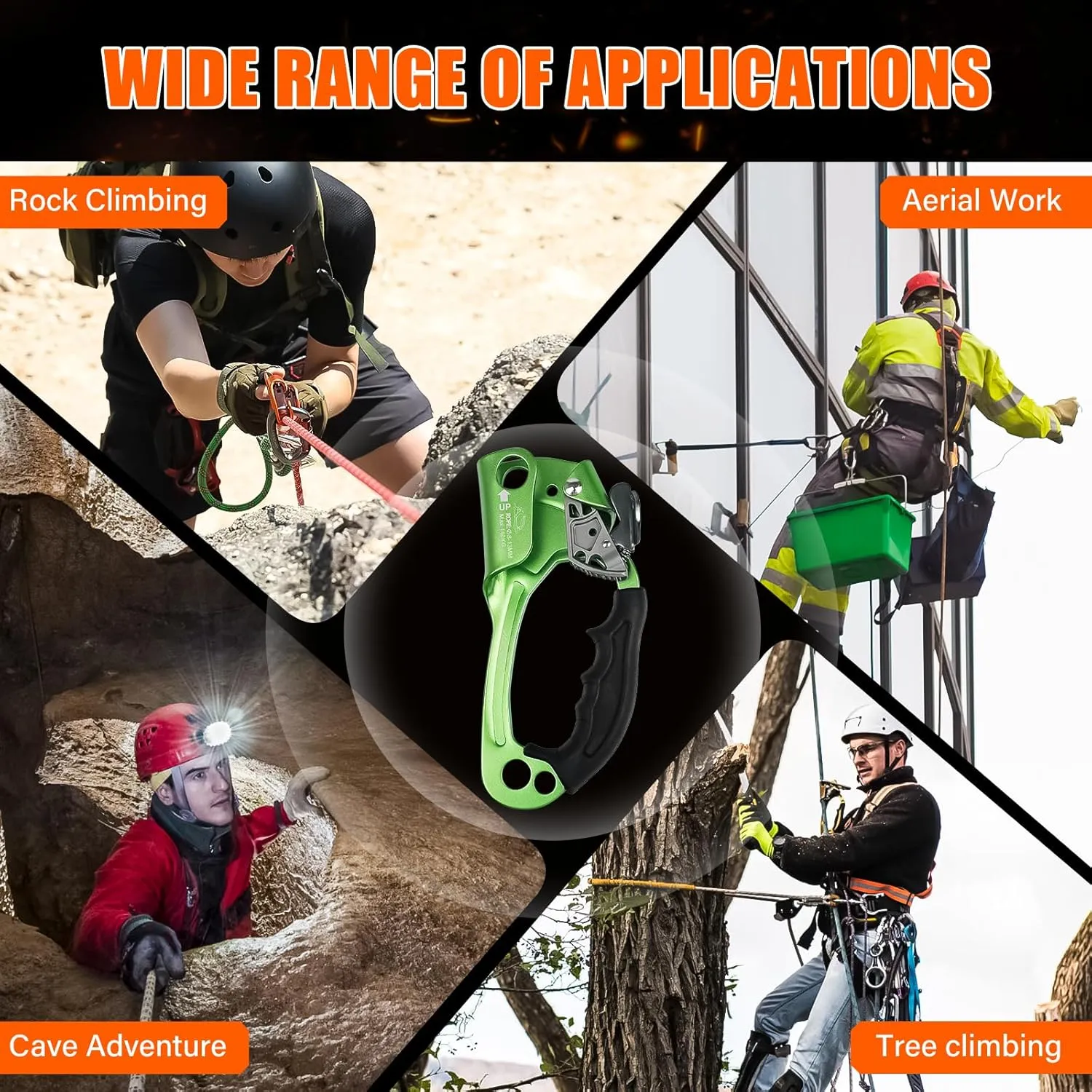 Hand Ascender High strength aluminum Alloy Climbing Ascender with Ergonomic Rubber Handle Strong Rappelling Gear Equipment for Rock Climbing Tree Arborist Rescue Mountaineering Caving Left Right Hand