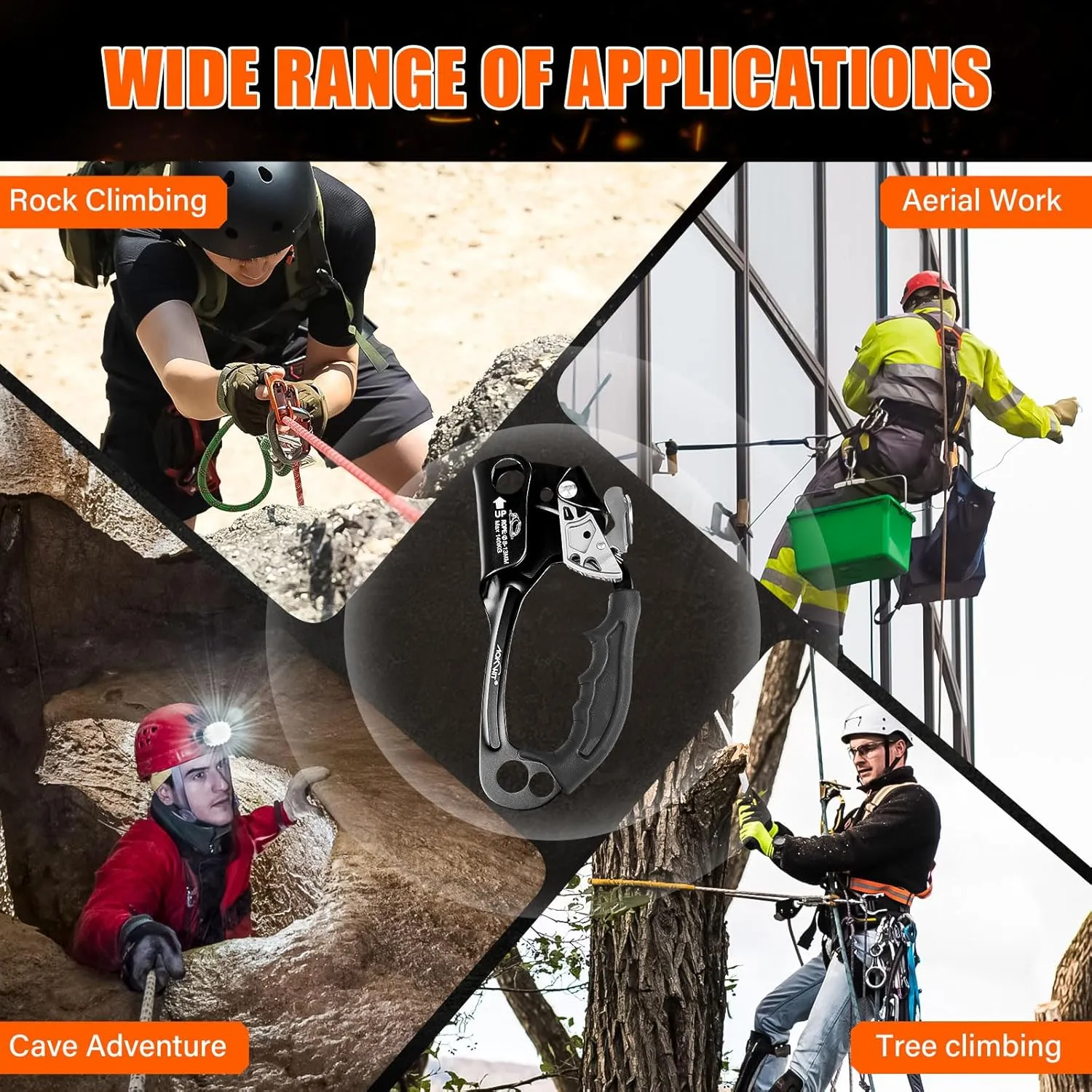 Hand Ascender High strength aluminum Alloy Climbing Ascender with Ergonomic Rubber Handle Strong Rappelling Gear Equipment for Rock Climbing Tree Arborist Rescue Mountaineering Caving Left Right Hand