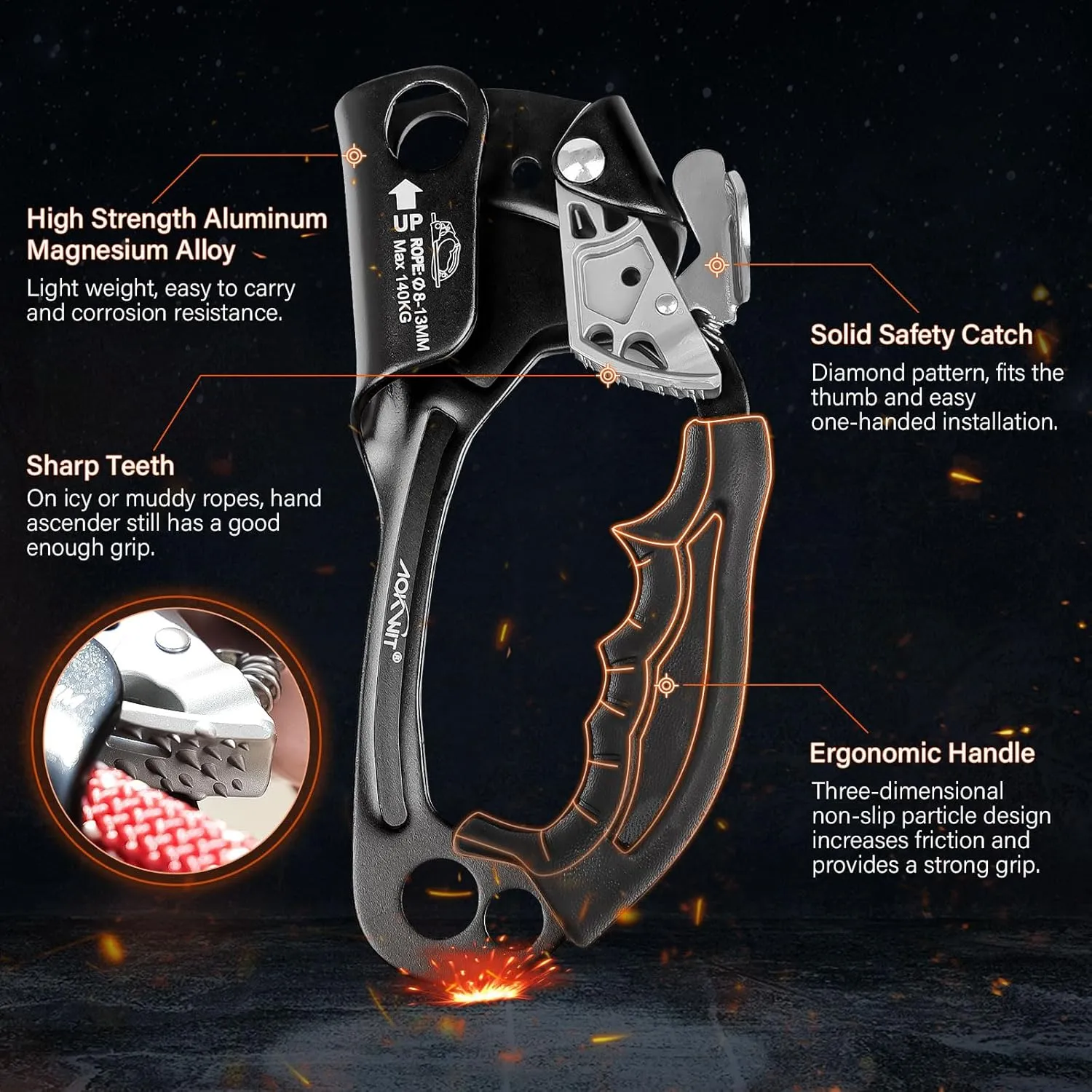 Hand Ascender High strength aluminum Alloy Climbing Ascender with Ergonomic Rubber Handle Strong Rappelling Gear Equipment for Rock Climbing Tree Arborist Rescue Mountaineering Caving Left Right Hand