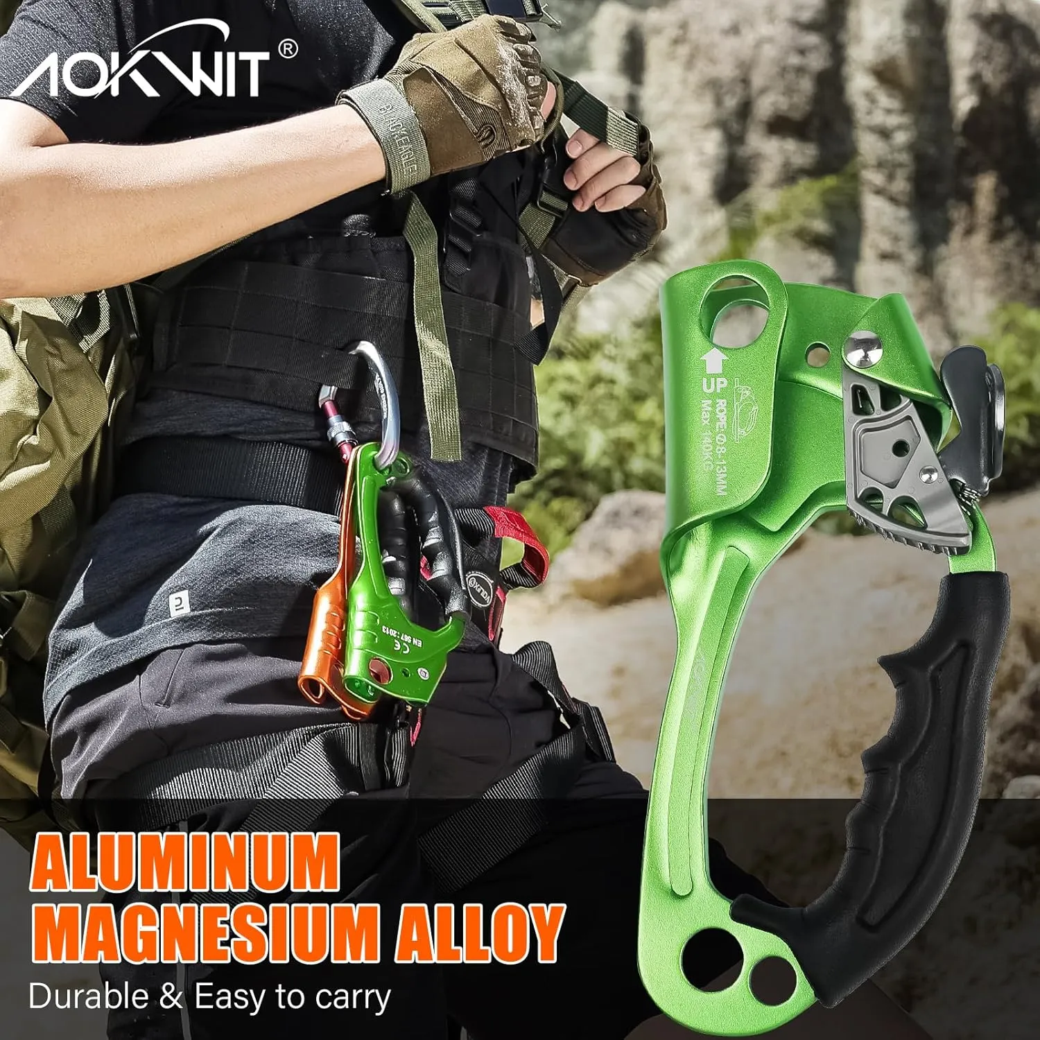 Hand Ascender High strength aluminum Alloy Climbing Ascender with Ergonomic Rubber Handle Strong Rappelling Gear Equipment for Rock Climbing Tree Arborist Rescue Mountaineering Caving Left Right Hand