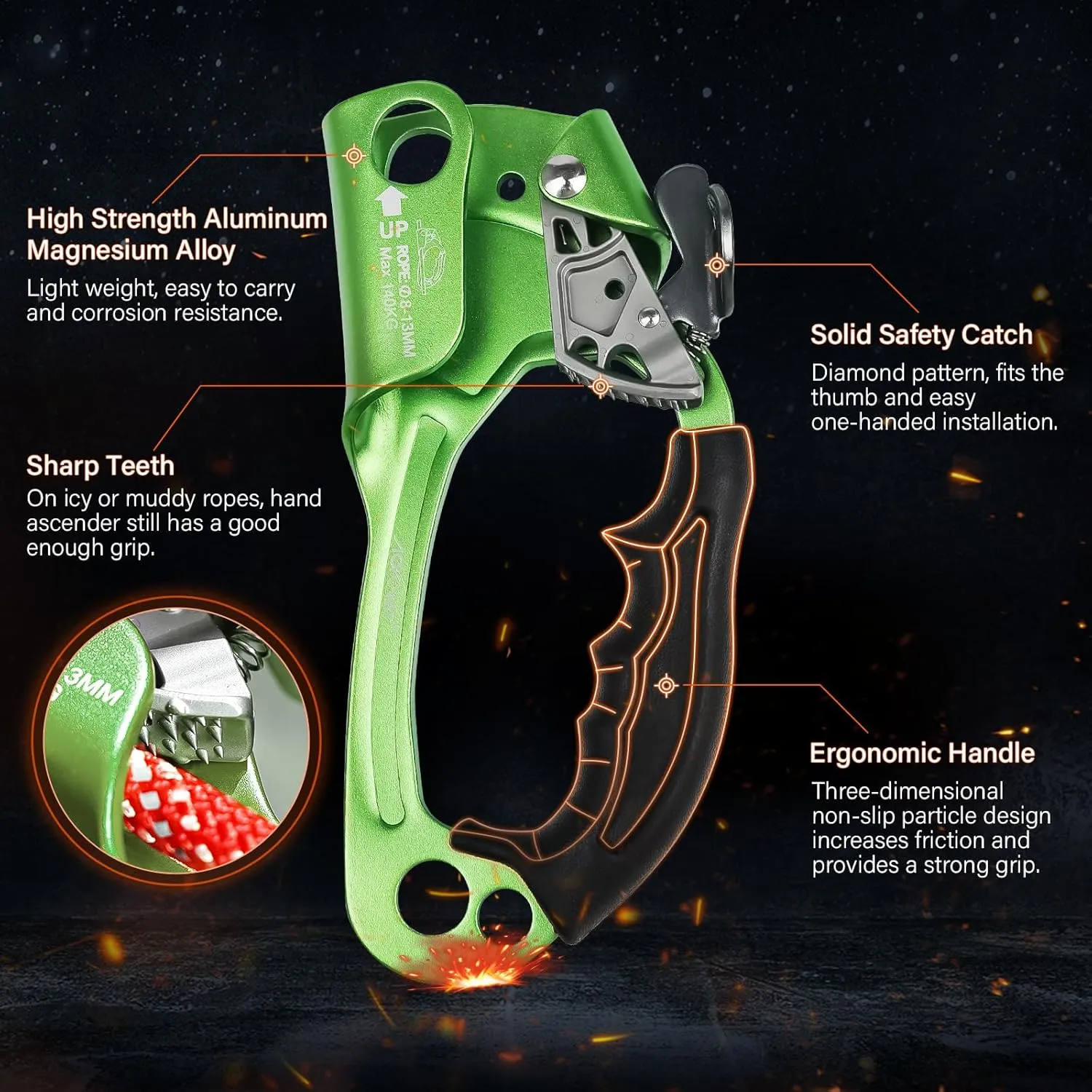 Hand Ascender High strength aluminum Alloy Climbing Ascender with Ergonomic Rubber Handle Strong Rappelling Gear Equipment for Rock Climbing Tree Arborist Rescue Mountaineering Caving Left Right Hand
