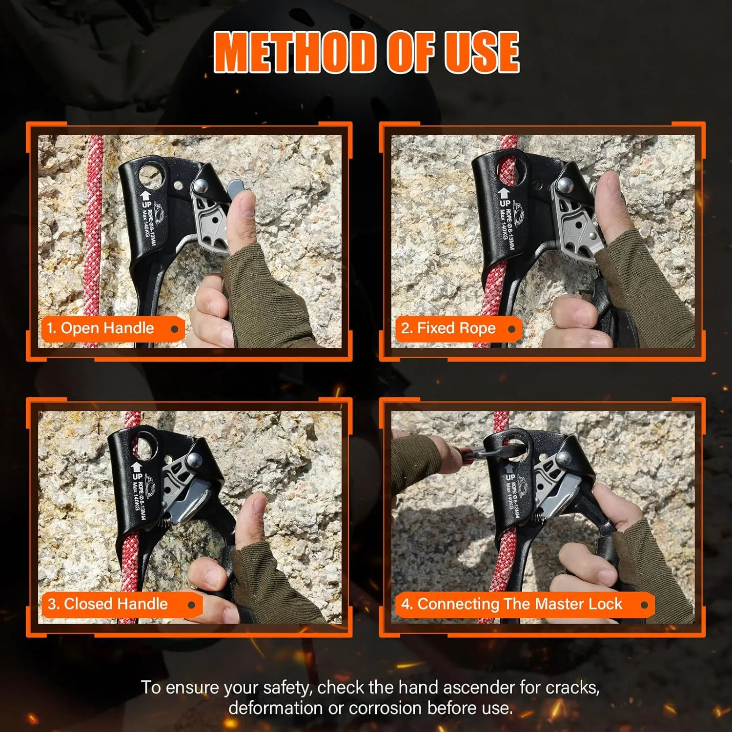 Hand Ascender High strength aluminum Alloy Climbing Ascender with Ergonomic Rubber Handle Strong Rappelling Gear Equipment for Rock Climbing Tree Arborist Rescue Mountaineering Caving Left Right Hand