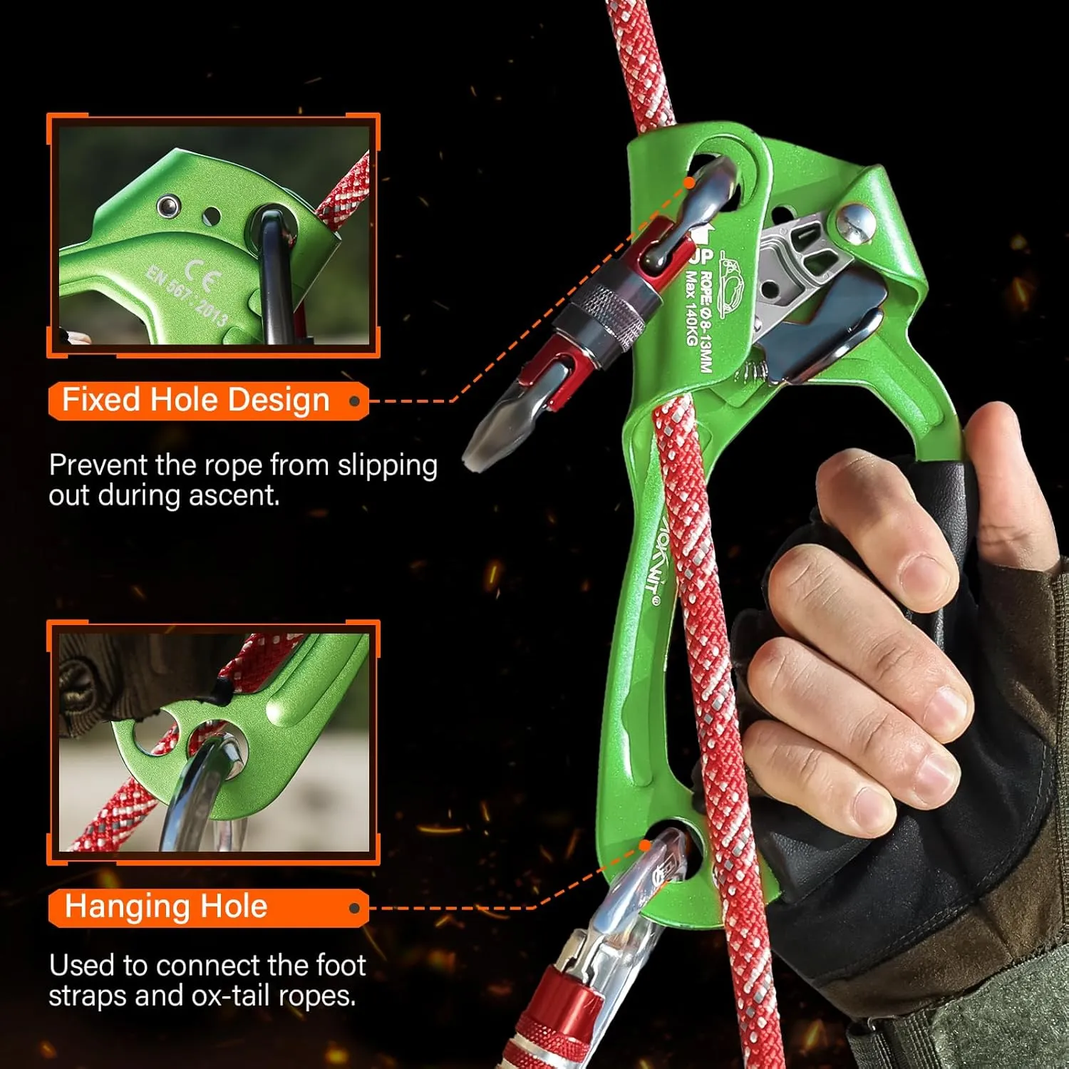 Hand Ascender High strength aluminum Alloy Climbing Ascender with Ergonomic Rubber Handle Strong Rappelling Gear Equipment for Rock Climbing Tree Arborist Rescue Mountaineering Caving Left Right Hand