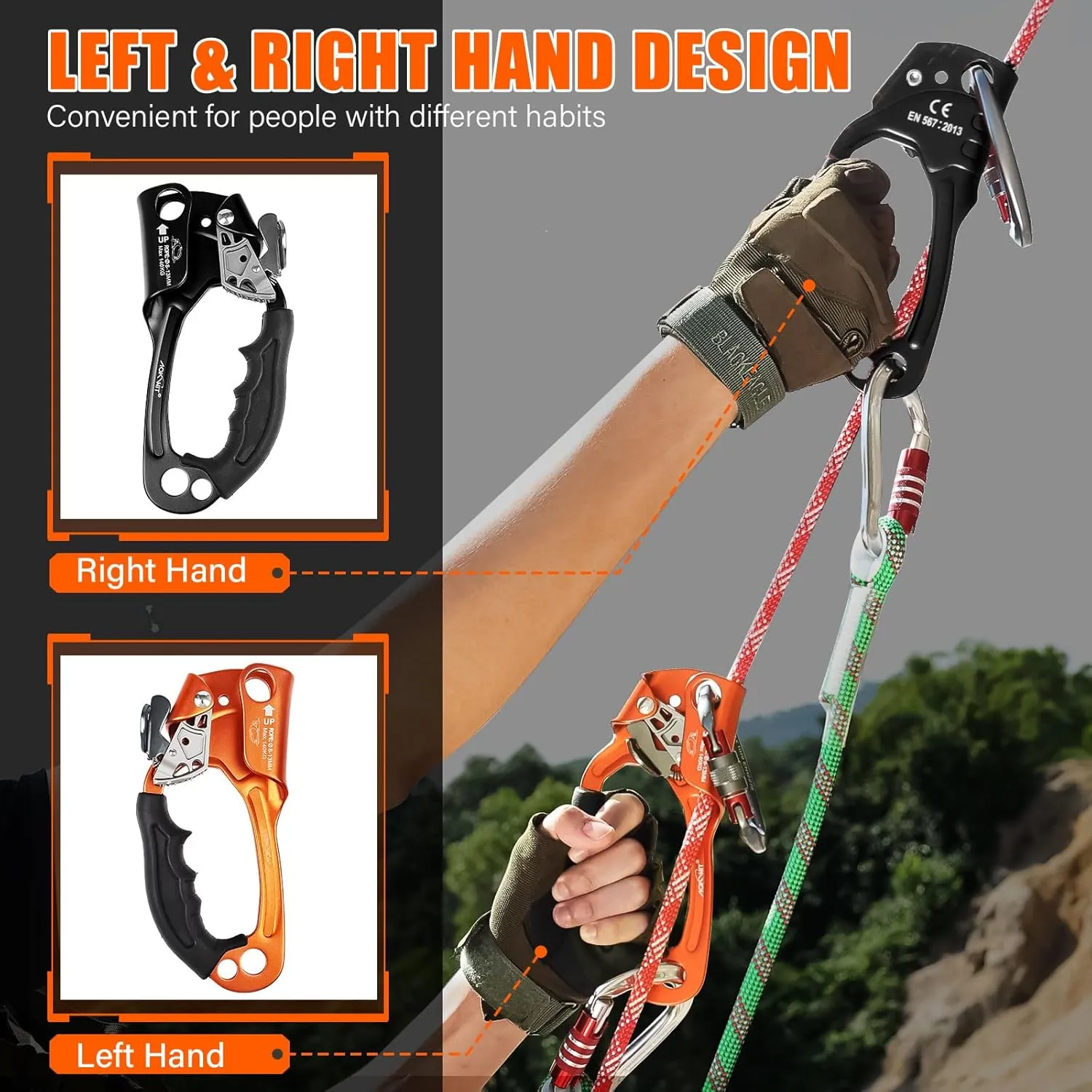 Hand Ascender High strength aluminum Alloy Climbing Ascender with Ergonomic Rubber Handle Strong Rappelling Gear Equipment for Rock Climbing Tree Arborist Rescue Mountaineering Caving Left Right Hand