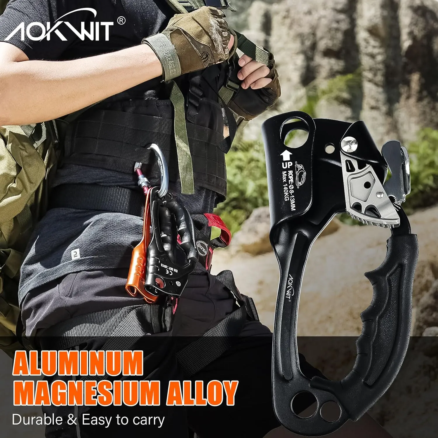 Hand Ascender High strength aluminum Alloy Climbing Ascender with Ergonomic Rubber Handle Strong Rappelling Gear Equipment for Rock Climbing Tree Arborist Rescue Mountaineering Caving Left Right Hand