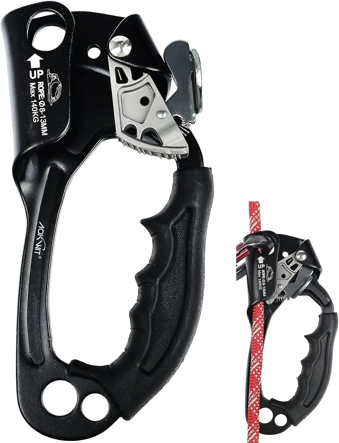 Hand Ascender High strength aluminum Alloy Climbing Ascender with Ergonomic Rubber Handle Strong Rappelling Gear Equipment for Rock Climbing Tree Arborist Rescue Mountaineering Caving Left Right Hand