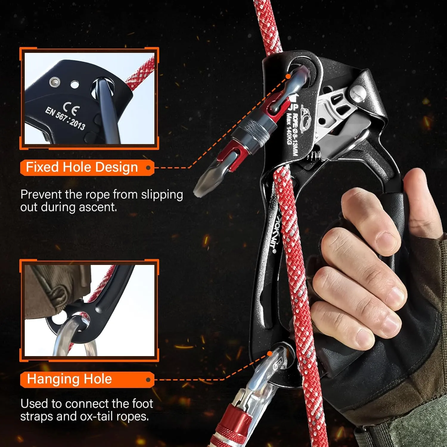 Hand Ascender High strength aluminum Alloy Climbing Ascender with Ergonomic Rubber Handle Strong Rappelling Gear Equipment for Rock Climbing Tree Arborist Rescue Mountaineering Caving Left Right Hand