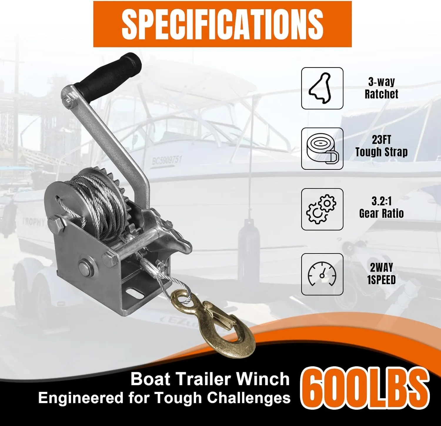 Hand Winch, 600 lbs Pulling Capacity, Boat Trailer Winch Heavy Duty Rope Crank with 23 FT Steel Cable, Manual Operated Hand Crank Winch for Trailer, Boat or ATV Towing