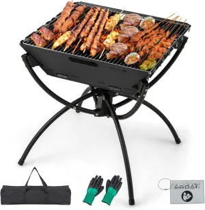 HAPPYGRILL Foldable Fire Pit with Grill, 3-in-1 Wood Burning Camping Fire Pit for BBQ, Bonfire, Outdoor Cooking