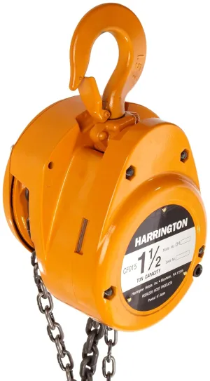 Harrington CF Hand Chain Hoist, Hook Mount, 1 Ton Capacity, 20' Lift, 14.6" Headroom, 1.1" Hook Opening