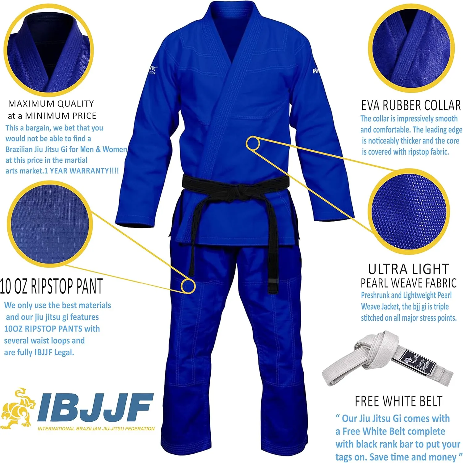 Hawk Sports Brazilian Jiu Jitsu Gi for Men and Women with Jacket, Pants, and White Belt for Martial Arts Training