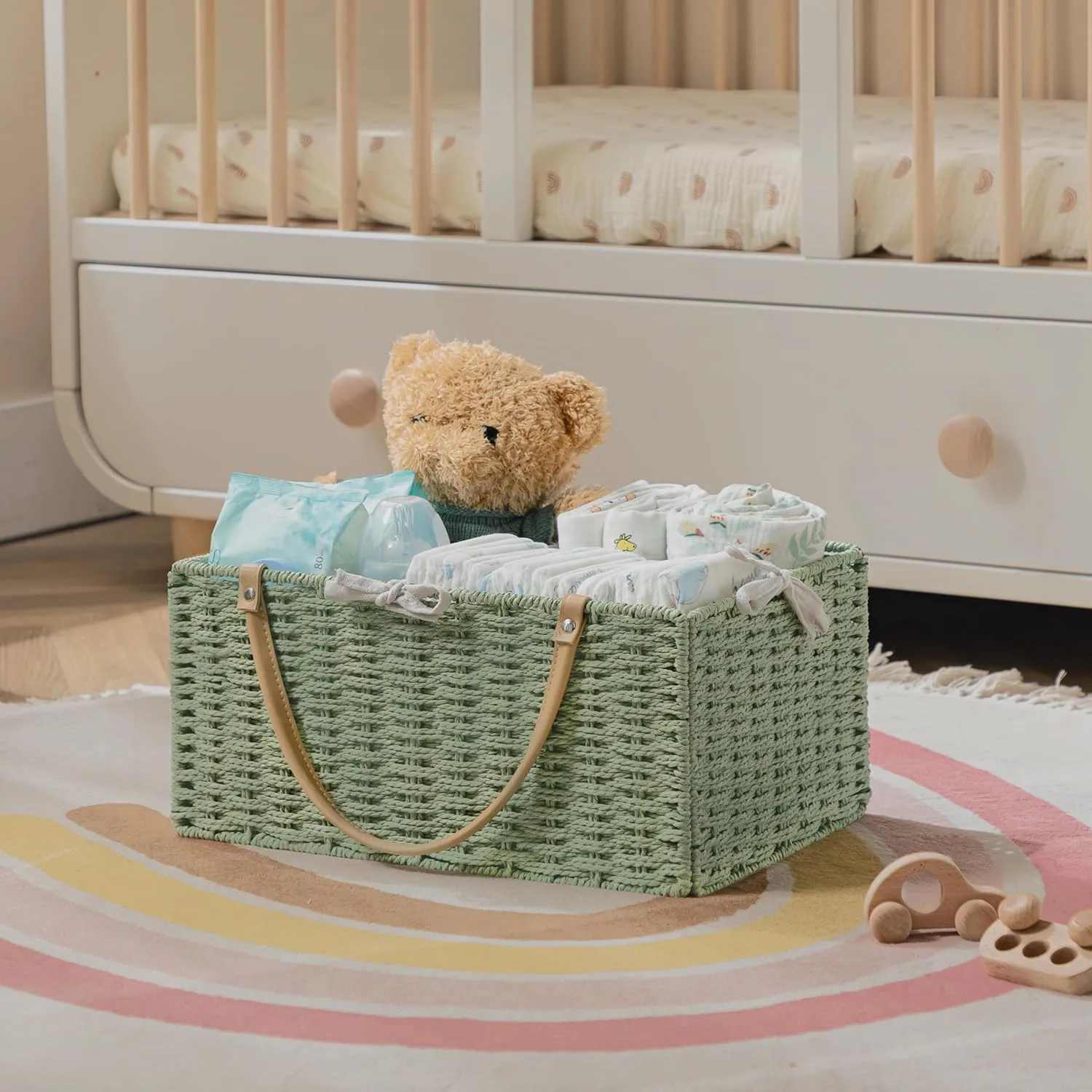 HBlife Large Baby Diaper Caddy Organizer Green, Paper Rope Storage Baskets Nursery Bin with Removable Divider, Portable Car Organizer for Diapers, Baby Shower Gifts, Newborn Essentials Must Haves