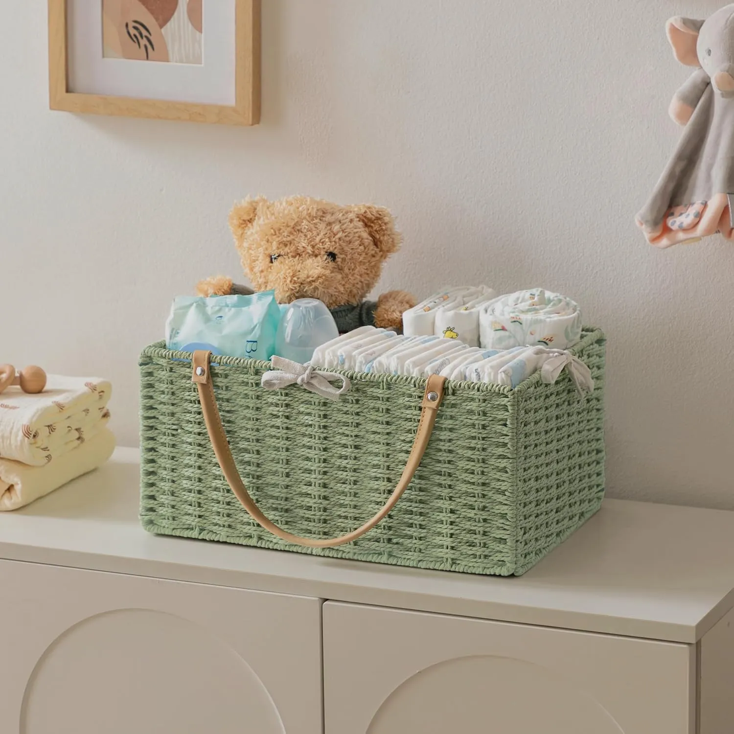 HBlife Large Baby Diaper Caddy Organizer Green, Paper Rope Storage Baskets Nursery Bin with Removable Divider, Portable Car Organizer for Diapers, Baby Shower Gifts, Newborn Essentials Must Haves