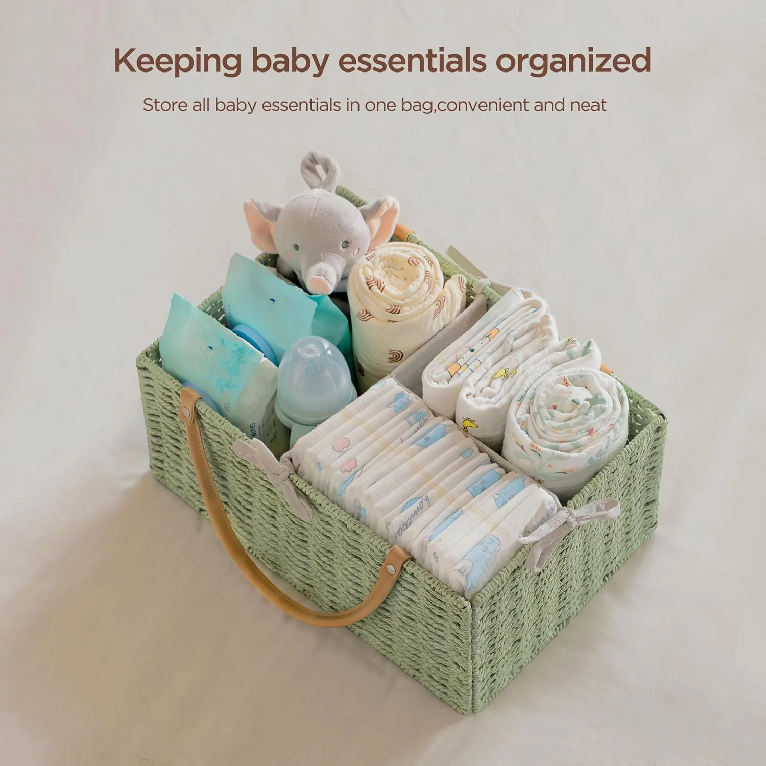 HBlife Large Baby Diaper Caddy Organizer Green, Paper Rope Storage Baskets Nursery Bin with Removable Divider, Portable Car Organizer for Diapers, Baby Shower Gifts, Newborn Essentials Must Haves