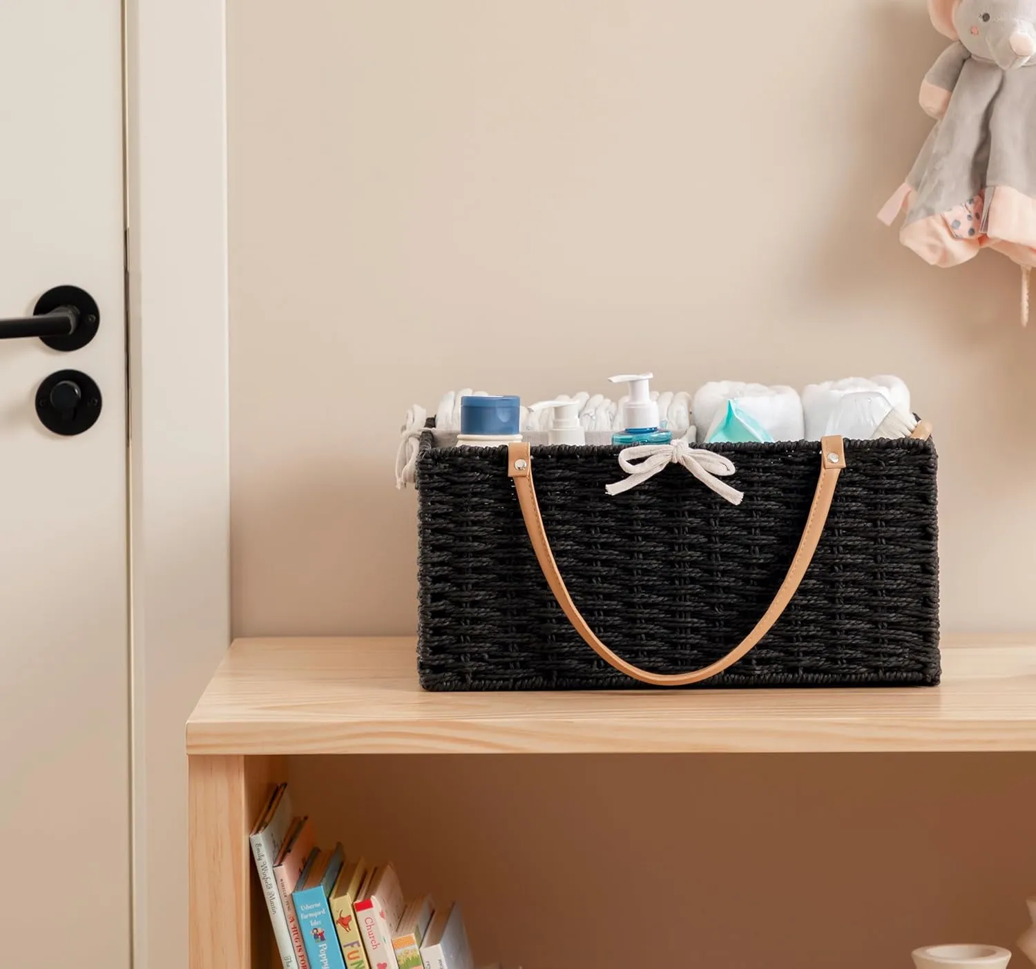 HBlife Large Baby Diaper Caddy Organizer, Paper Rope Storage Baskets Nursery Bin with Removable Divider, Portable Car Organizer for Diapers, Baby Shower Gifts, Newborn Essentials Must Haves