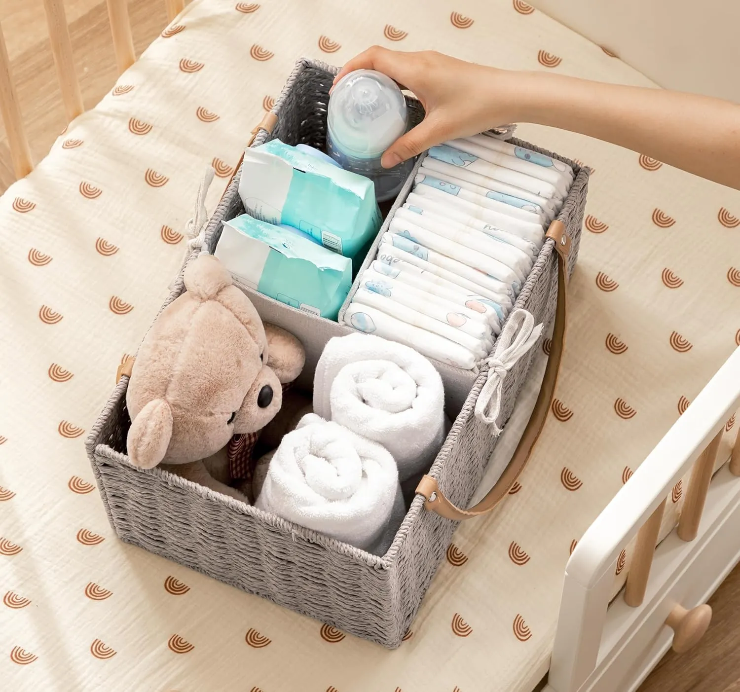 HBlife Large Baby Diaper Caddy Organizer, Paper Rope Storage Baskets Nursery Bin with Removable Divider, Portable Car Organizer for Diapers, Baby Shower Gifts, Newborn Essentials Must Haves