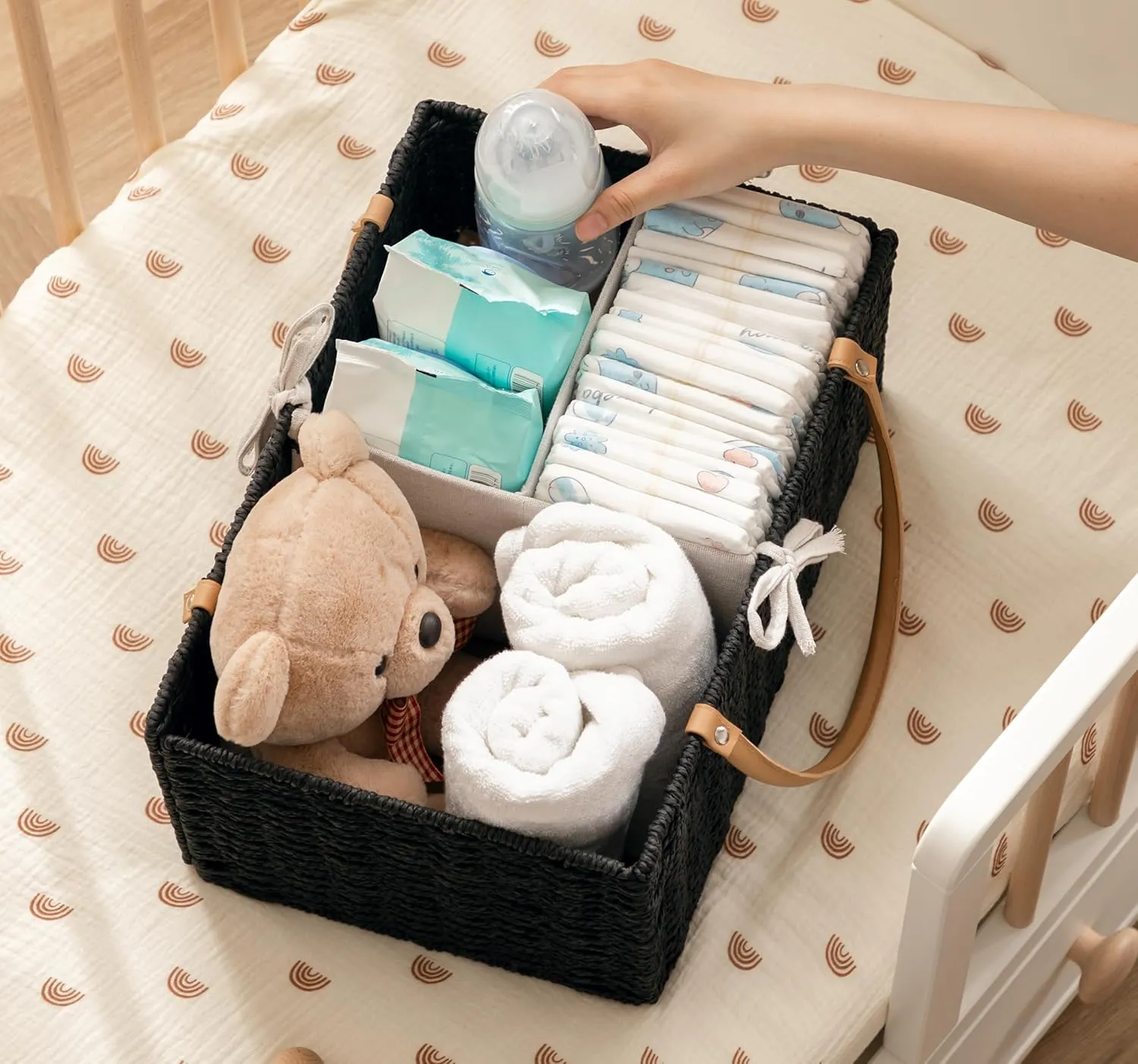 HBlife Large Baby Diaper Caddy Organizer, Paper Rope Storage Baskets Nursery Bin with Removable Divider, Portable Car Organizer for Diapers, Baby Shower Gifts, Newborn Essentials Must Haves
