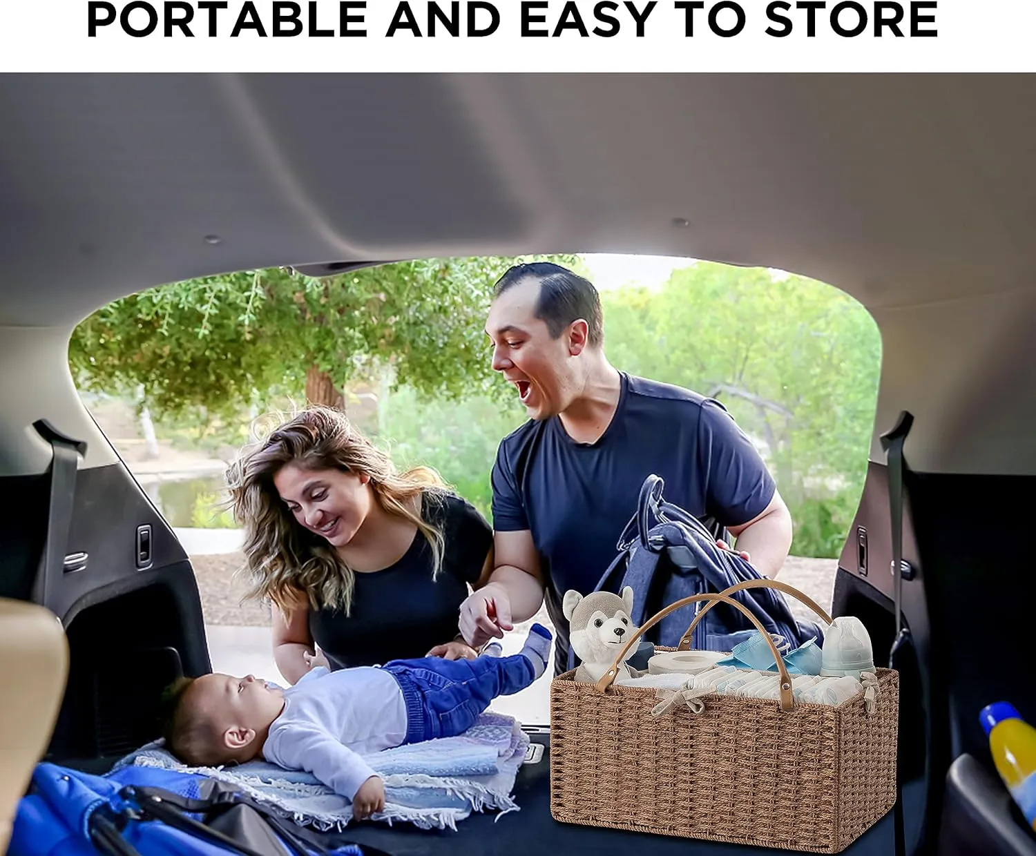 HBlife Large Baby Diaper Caddy Organizer, Paper Rope Storage Baskets Nursery Bin with Removable Divider, Portable Car Organizer for Diapers, Baby Shower Gifts, Newborn Essentials Must Haves