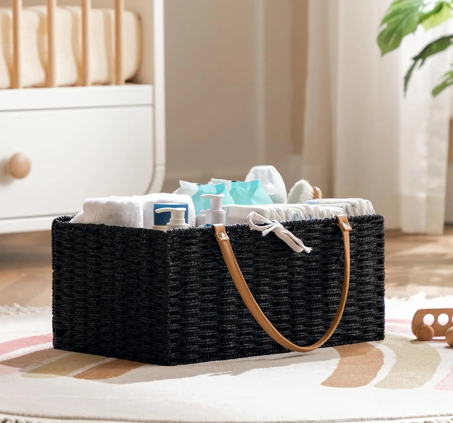 HBlife Large Baby Diaper Caddy Organizer, Paper Rope Storage Baskets Nursery Bin with Removable Divider, Portable Car Organizer for Diapers, Baby Shower Gifts, Newborn Essentials Must Haves