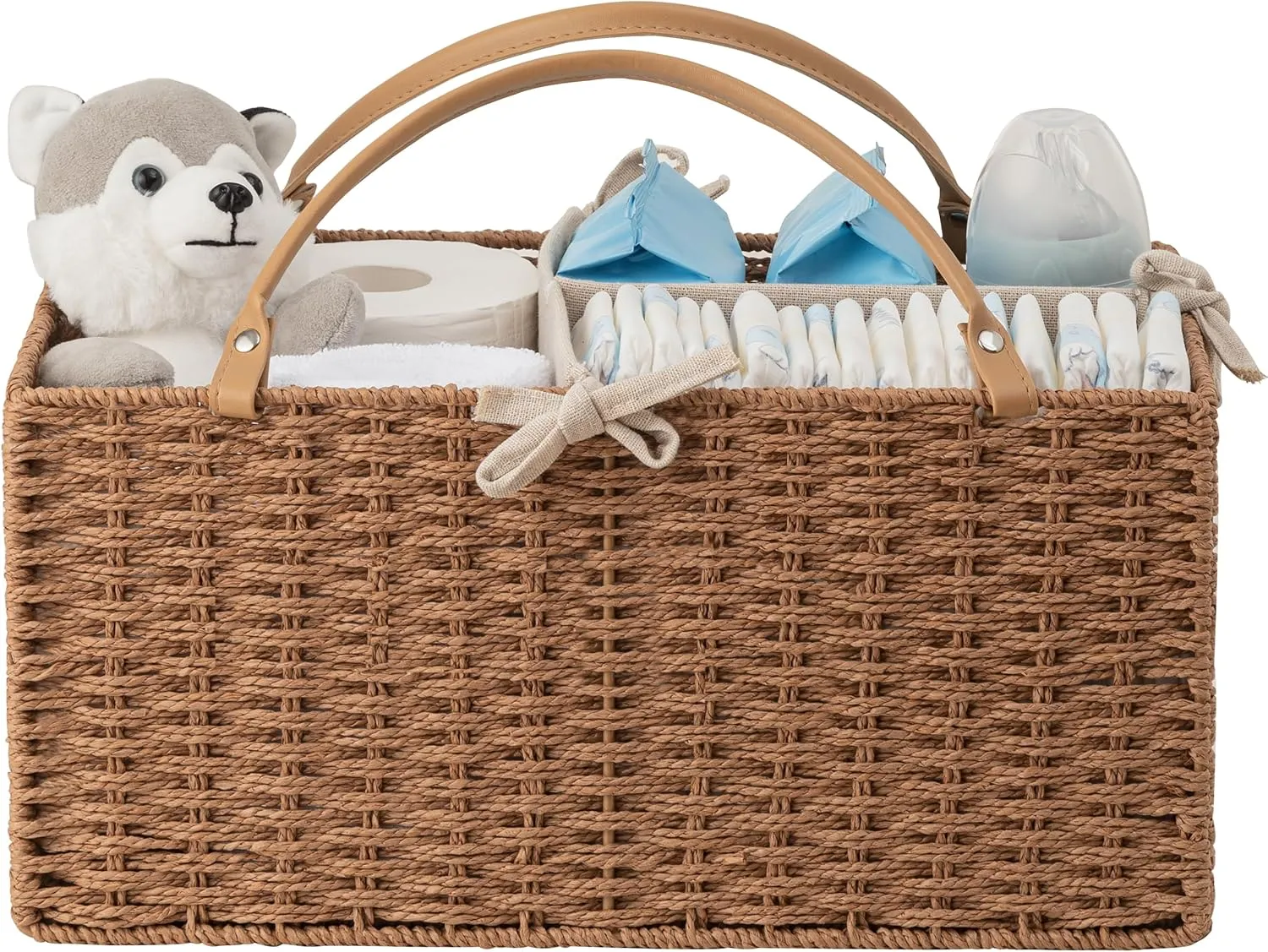 HBlife Large Baby Diaper Caddy Organizer, Paper Rope Storage Baskets Nursery Bin with Removable Divider, Portable Car Organizer for Diapers, Baby Shower Gifts, Newborn Essentials Must Haves