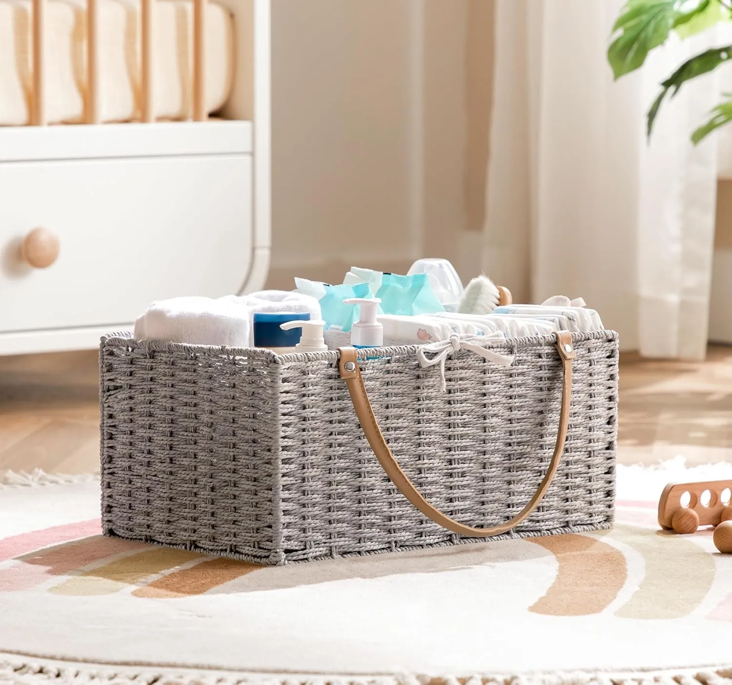 HBlife Large Baby Diaper Caddy Organizer, Paper Rope Storage Baskets Nursery Bin with Removable Divider, Portable Car Organizer for Diapers, Baby Shower Gifts, Newborn Essentials Must Haves