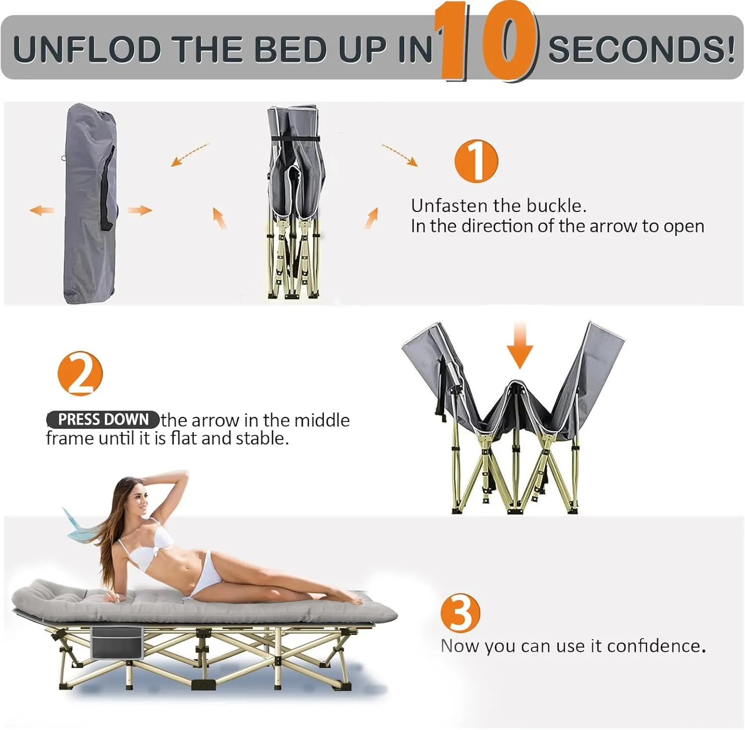 Heavy Duty Camping Cot for Adults - 500~600 LBS Folding Bed with Mattress, 75"x28" Portable Sleeping Cot for Home/Office/Outdoor, Carry Bag (Golden Grey)