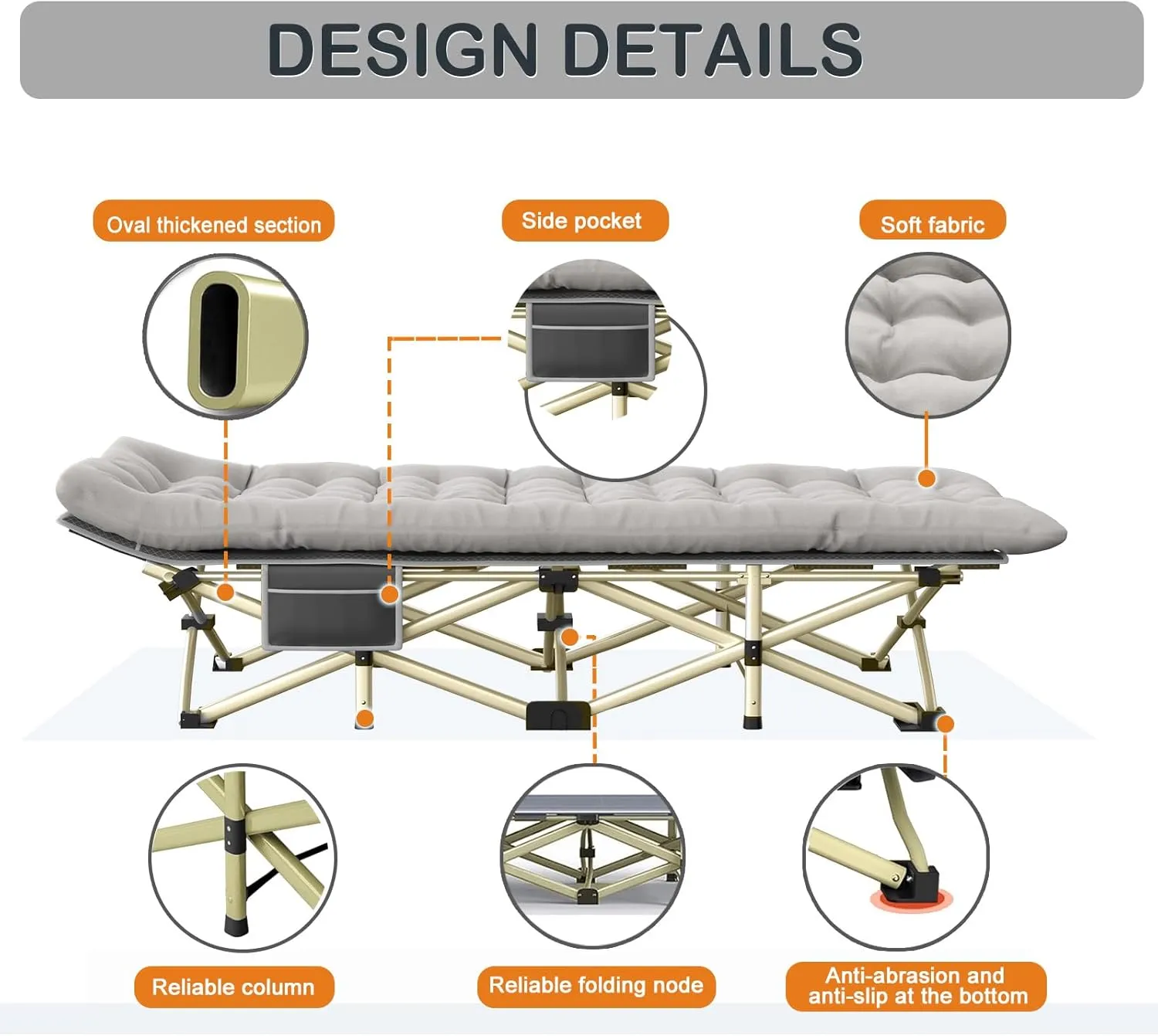 Heavy Duty Camping Cot for Adults - 500~600 LBS Folding Bed with Mattress, 75"x28" Portable Sleeping Cot for Home/Office/Outdoor, Carry Bag (Golden Grey)