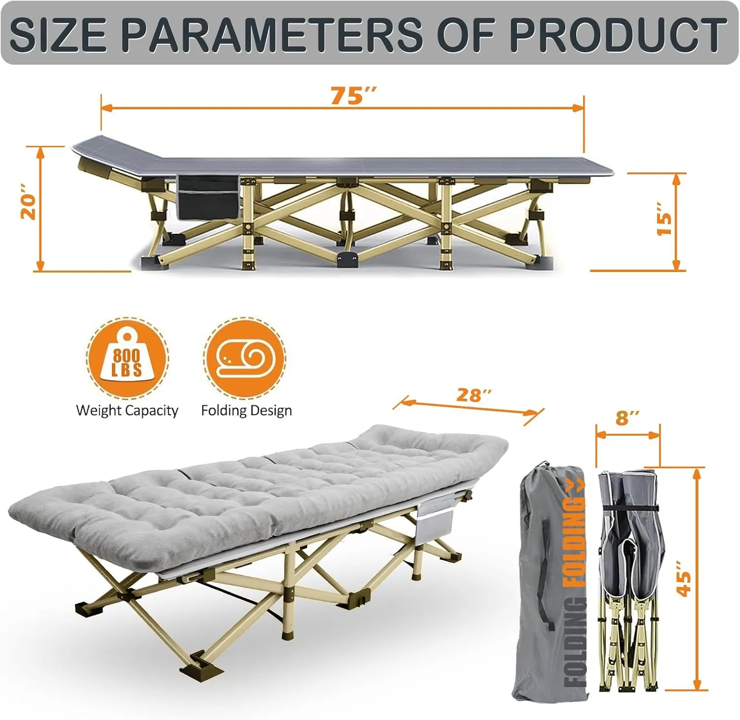 Heavy Duty Camping Cot for Adults - 500~600 LBS Folding Bed with Mattress, 75"x28" Portable Sleeping Cot for Home/Office/Outdoor, Carry Bag (Golden Grey)