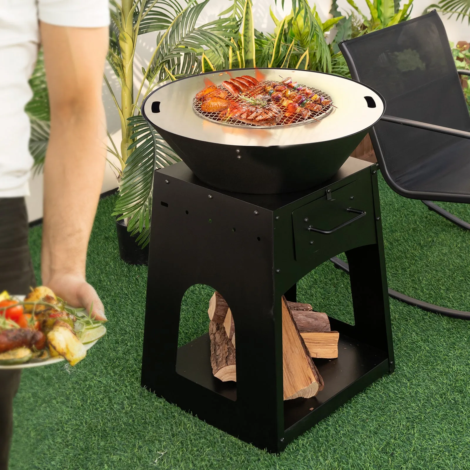 Heavy Duty Fire Pit With firewood rack and Fire Poker-Black