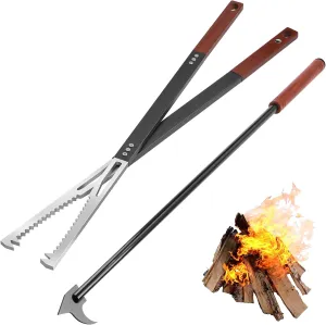Heavy Duty Fire Tong and Fire Poker Set 37 Inch Fire Pit Tong and 40 Inch Fire Pit Poker with Wood Insulation Handle Fireplace Poker with Blow, Fire Tools for Wood-Burning Stove, Fire Pit, Fireplace
