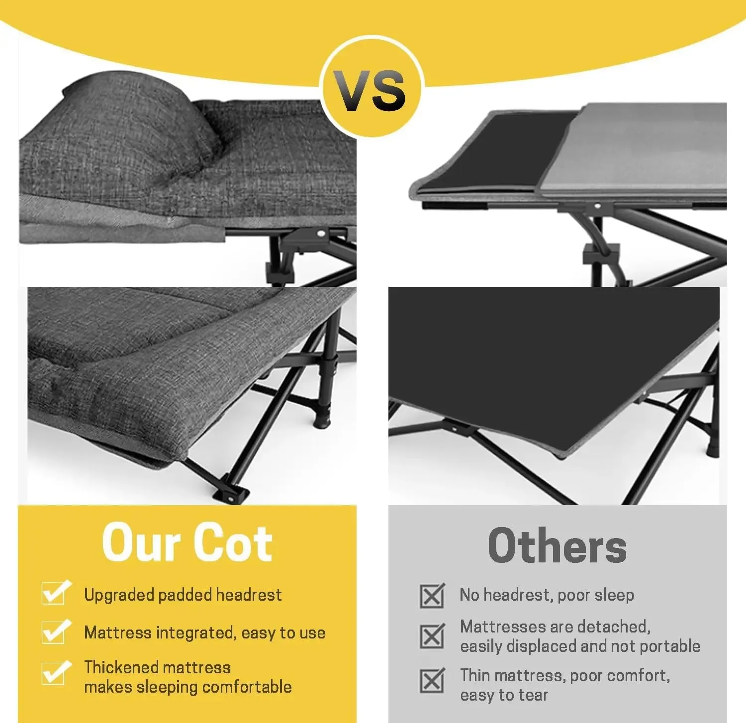 Heavy Duty Foldable Camping Cot with Quiet Pillow – 5-Position Adjustable Sleeping Cot for Adults