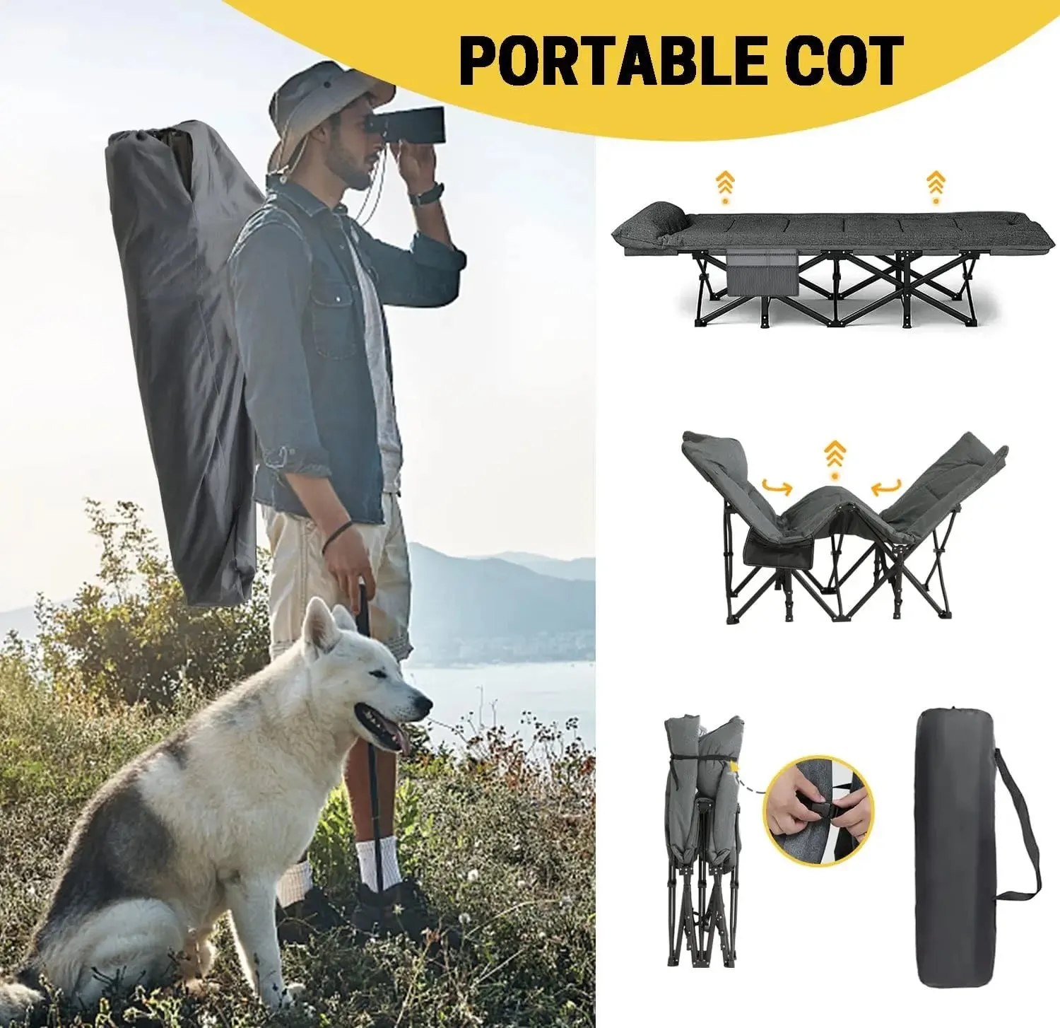 Heavy Duty Foldable Camping Cot with Quiet Pillow – 5-Position Adjustable Sleeping Cot for Adults