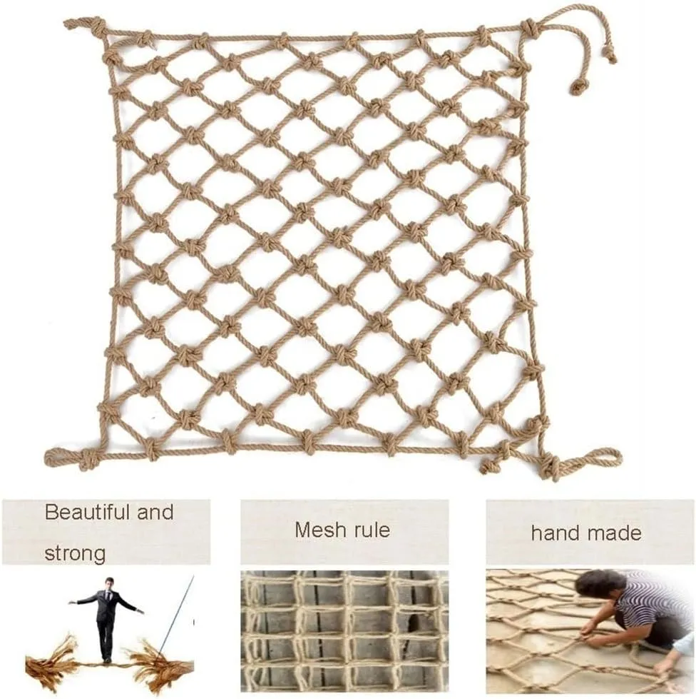 Hemp Rope Net Balcony Stair Barrier Fall Protection Safety Net for Kids 8mm Rope 10cm Mesh Heavy Duty Hanging Network Wall Hanging Craft Decorative Climbing Vine Net(Colour: Yellow,Size:1x1m(3.28x3.28