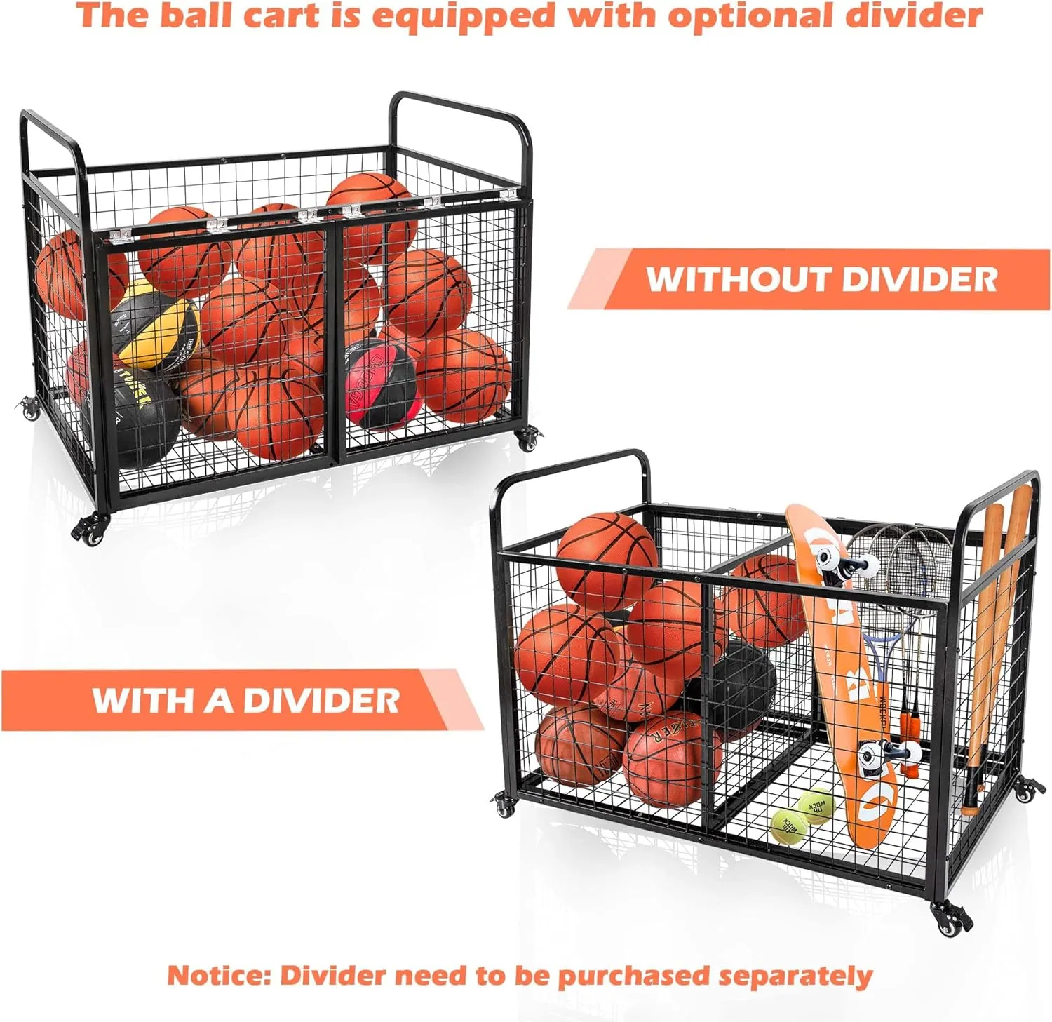 heodmaem Ball Cart Storage for Garage Compatible with Optional Divider, Extra Large Basketball Cage Bin for Indoor Outdoor, Heavy Duty Sports Equipment Organizer for Gym, School,Club