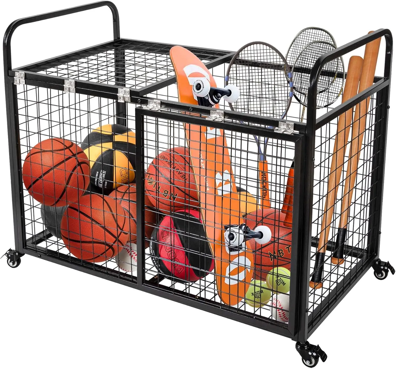 heodmaem Ball Cart Storage for Garage Compatible with Optional Divider, Extra Large Basketball Cage Bin for Indoor Outdoor, Heavy Duty Sports Equipment Organizer for Gym, School,Club