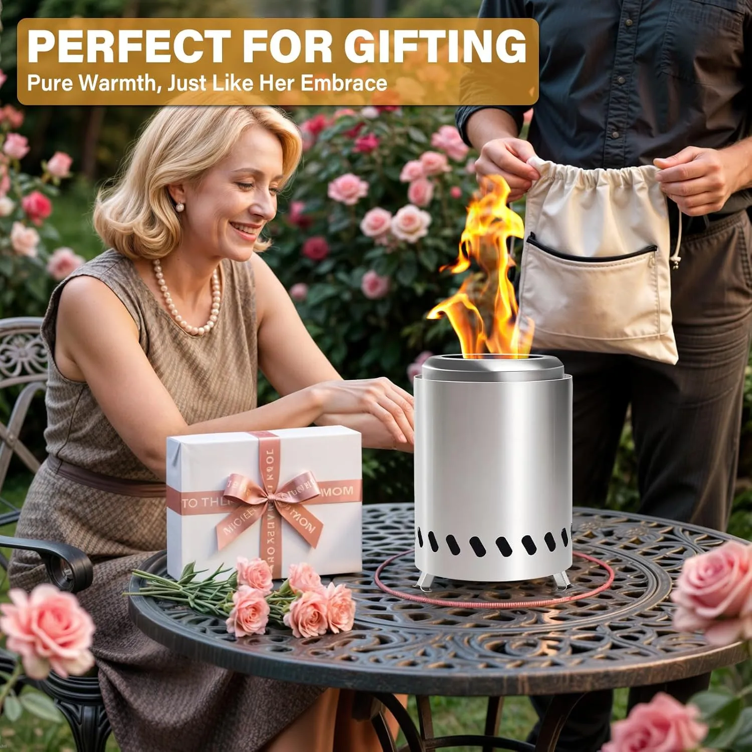 HGD 9.5 x 7.1 in Small Tabletop Fire Pit, Portable Mini Smokeless Table Top Firepit, Low Smoke Camping Stove for Outdoor & Patio, Fueled by Pellets or Wood, with Travel Bag, Stainless Steel, Silver
