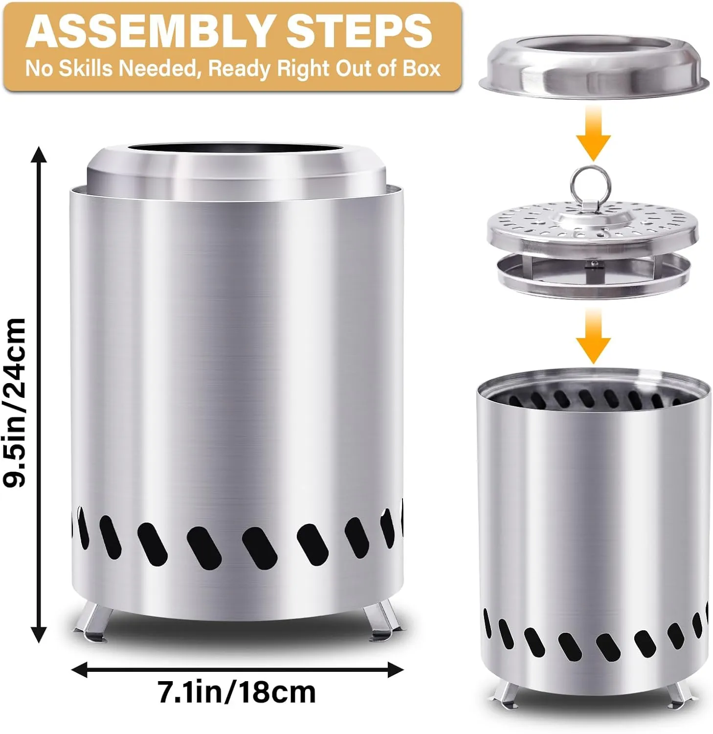 HGD 9.5 x 7.1 in Small Tabletop Fire Pit, Portable Mini Smokeless Table Top Firepit, Low Smoke Camping Stove for Outdoor & Patio, Fueled by Pellets or Wood, with Travel Bag, Stainless Steel, Silver