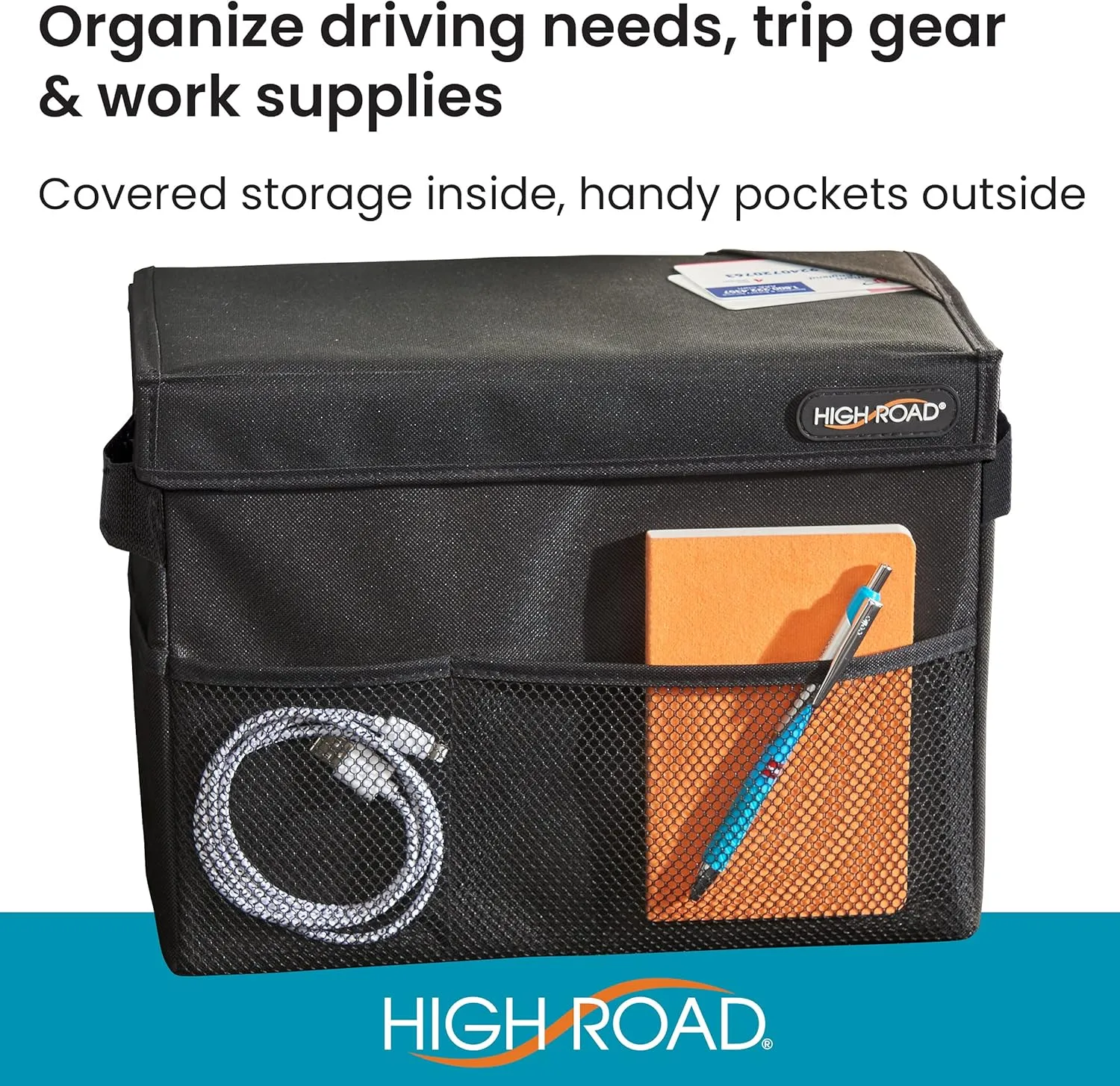 High Road Car Storage Organizer with Lid, Multipurpose Back or Front Seat Auto Console or Trunk Organizer, Univeral Fit in All Vehicles