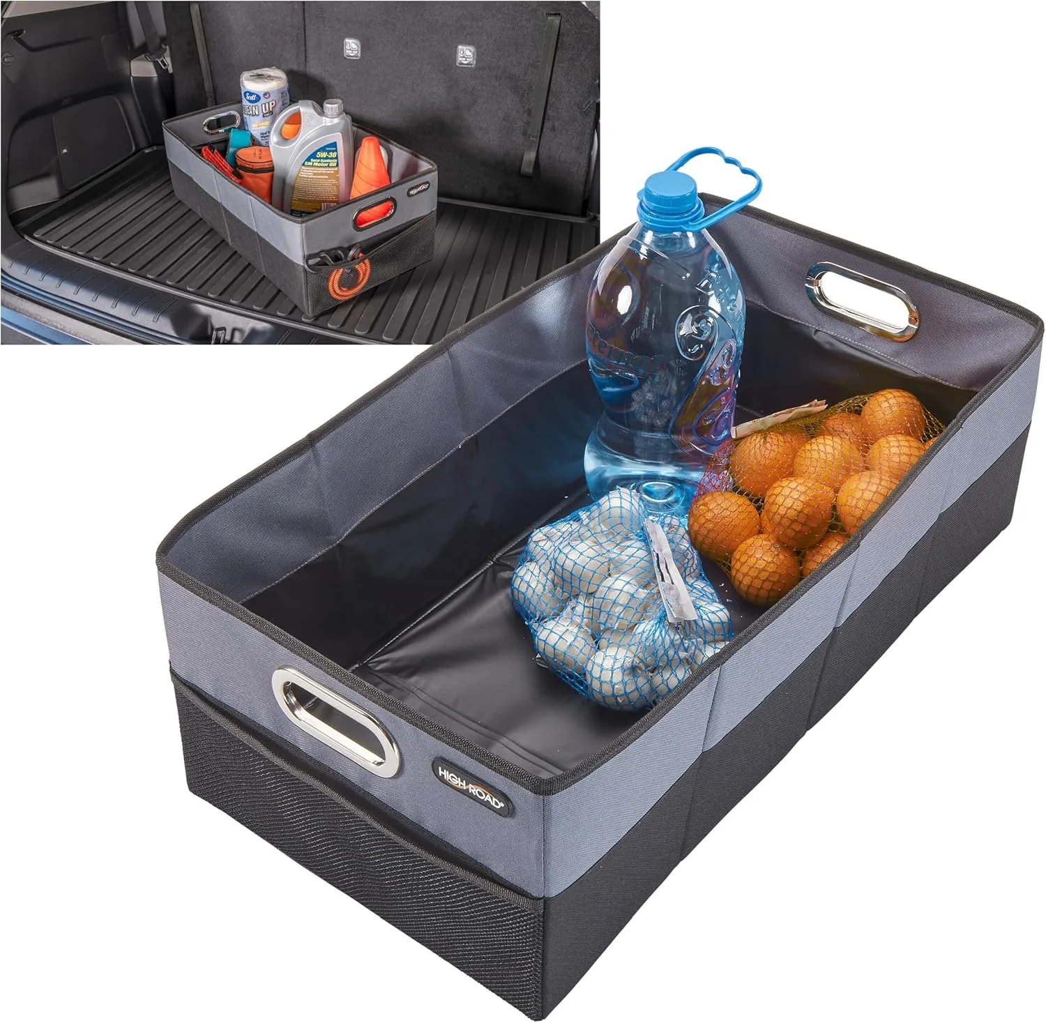 High Road CargoCube Car Storage Bin - Leakproof Car Trunk Storage Organizer with Metal Handles and Front Mesh Pocket, 12x24 Inches - Single pack