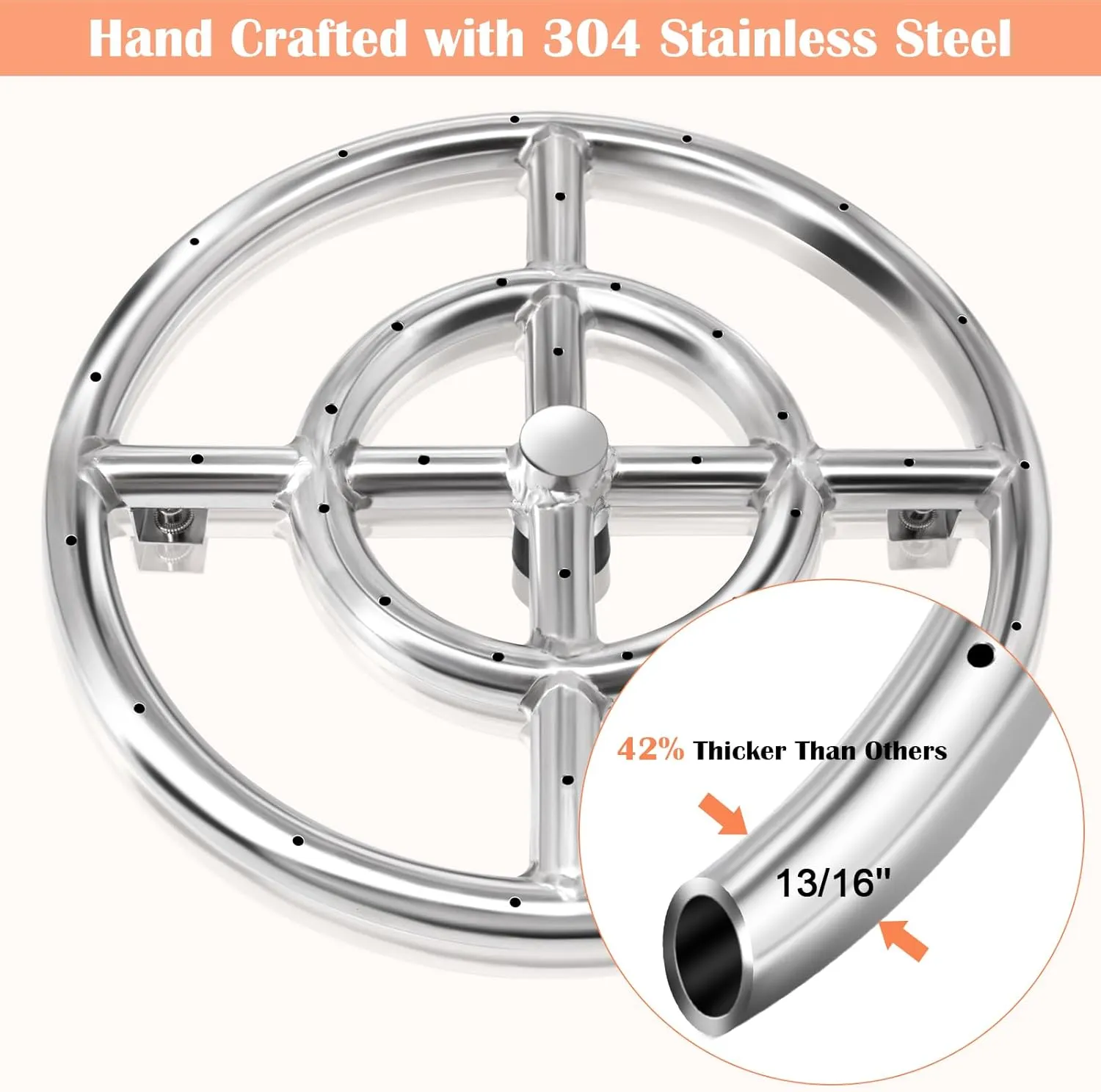 Hiorucet 12 Inch Fire Pit Rings Burner for Natural & Propane Gas Fire Pit Replacement Parts, 304 Stainless Steel Fire Pit Round Burner Insert for Indoor & Outdoor, High Flame, BTU 92,000 Max.